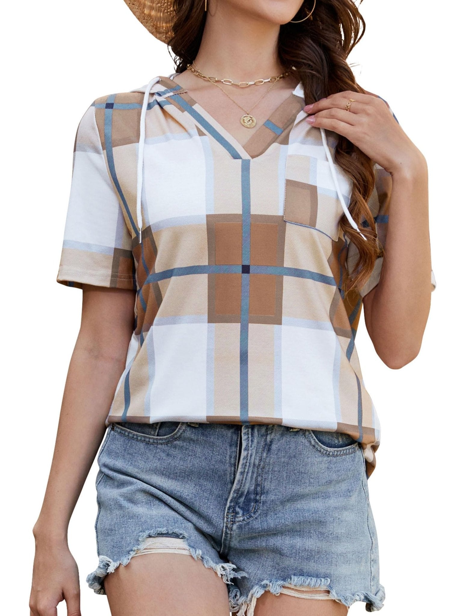 ZAFUL Womens Basic Casual V Neck Hoodie Tunic with Pocket Cotton Cuffed Short Sleeve Work Tops Blouses Shirts