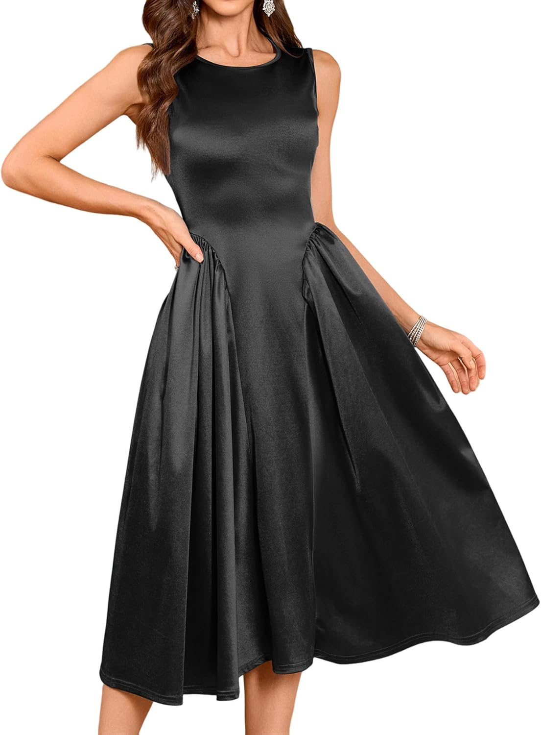 ZAFUL Women's Boat Neck Satin Silk Wedding Guest Dress Modest Sleeveless A Line Cocktail Party Club Midi Dress 2025 Formal Prom Dresses(Black,M)