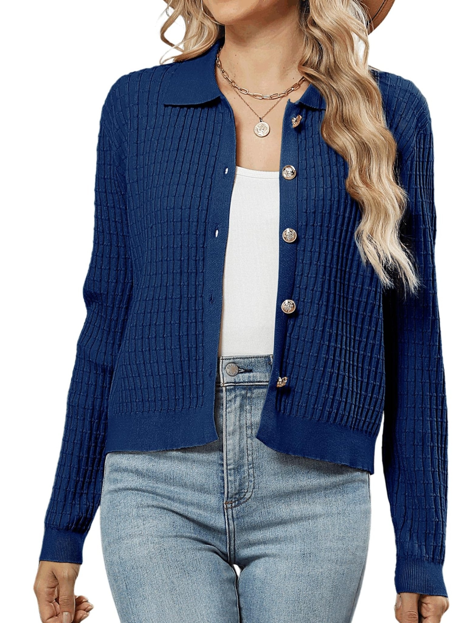 ZAFUL Womens Cable Knit Cardigan Sweater Casual Long Sleeve Open Front Button Down Cardigan Lapel Neck Cropped Sweater
