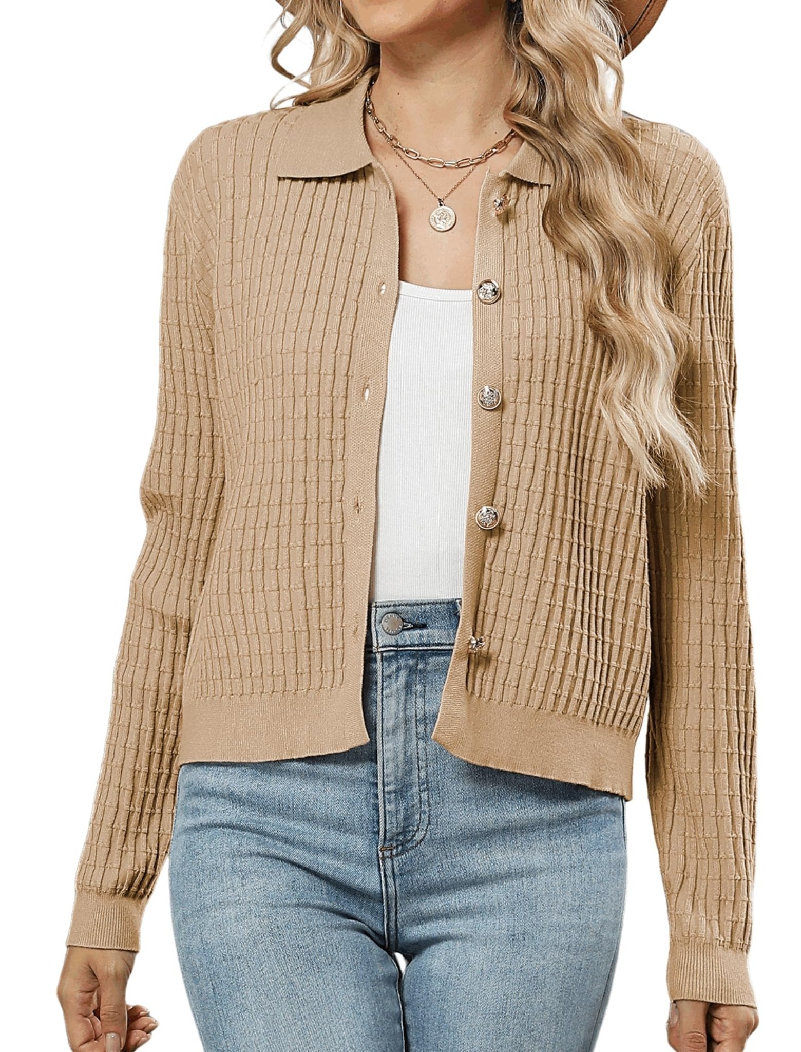 ZAFUL Womens Cable Knit Cardigan Sweater Casual Long Sleeve Open Front Button Down Cardigan Lapel Neck Cropped Sweater