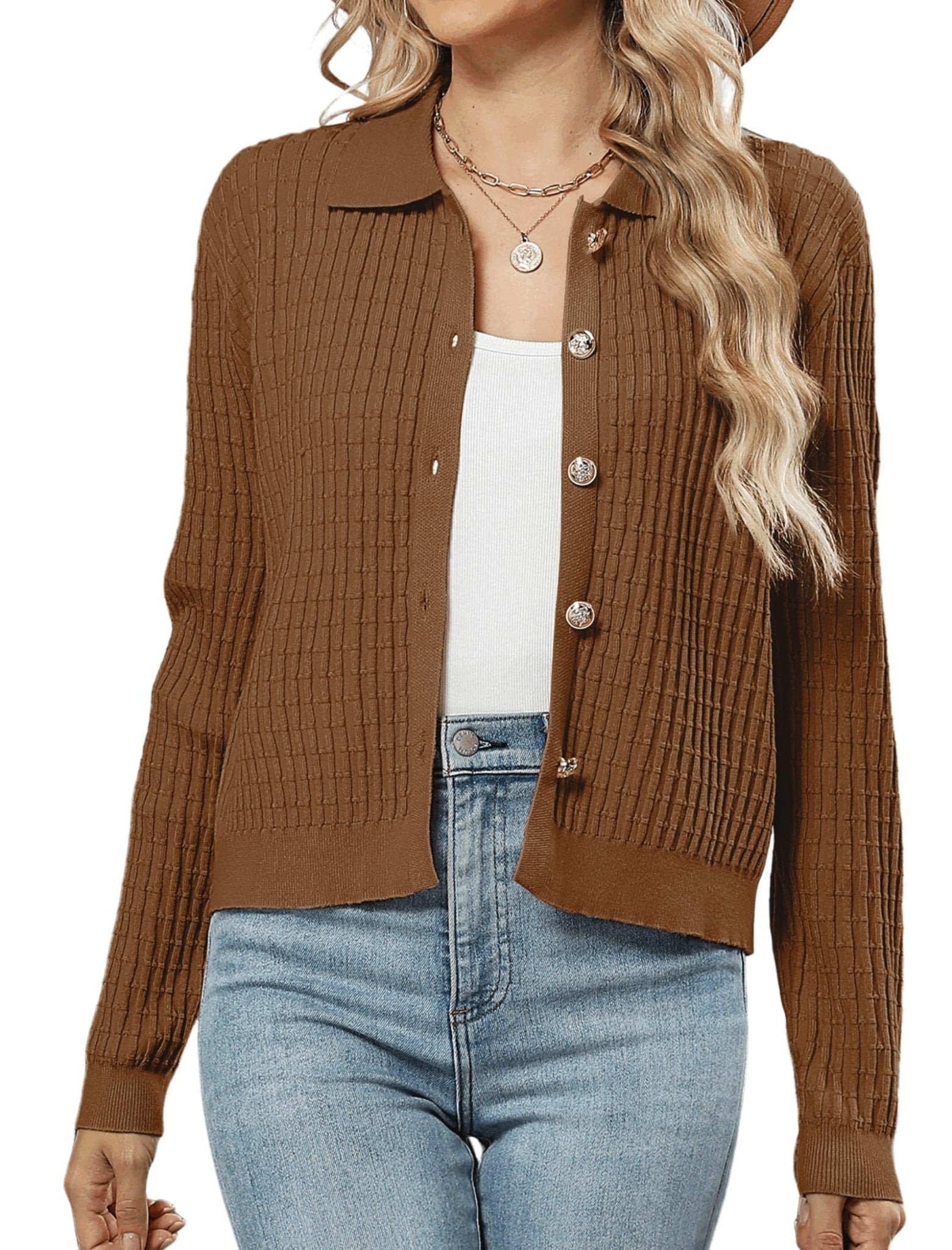 ZAFUL Womens Cable Knit Cardigan Sweater Casual Long Sleeve Open Front Button Down Cardigan Lapel Neck Cropped Sweater