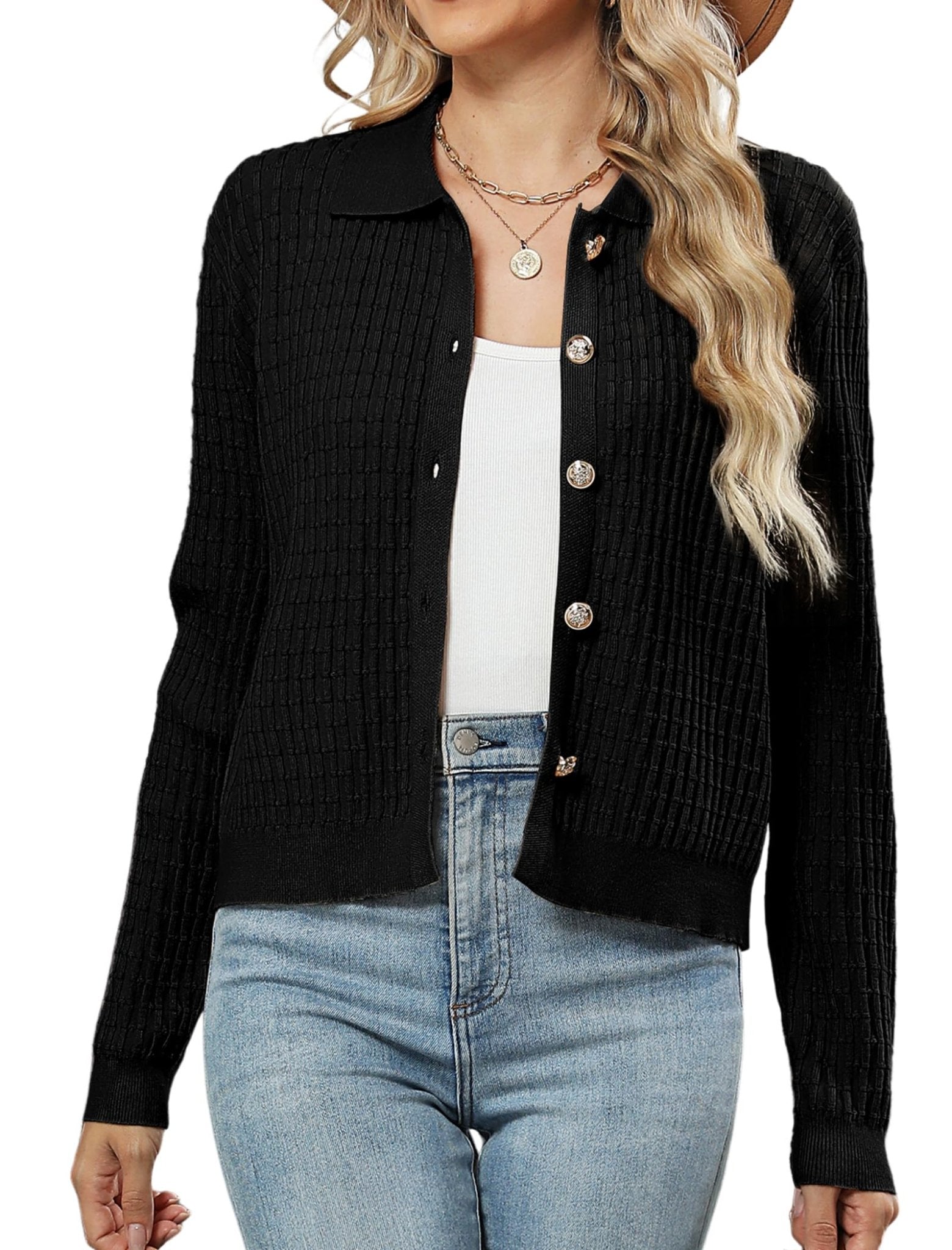 ZAFUL Womens Cable Knit Cardigan Sweater Casual Long Sleeve Open Front Button Down Cardigan Lapel Neck Cropped Sweater