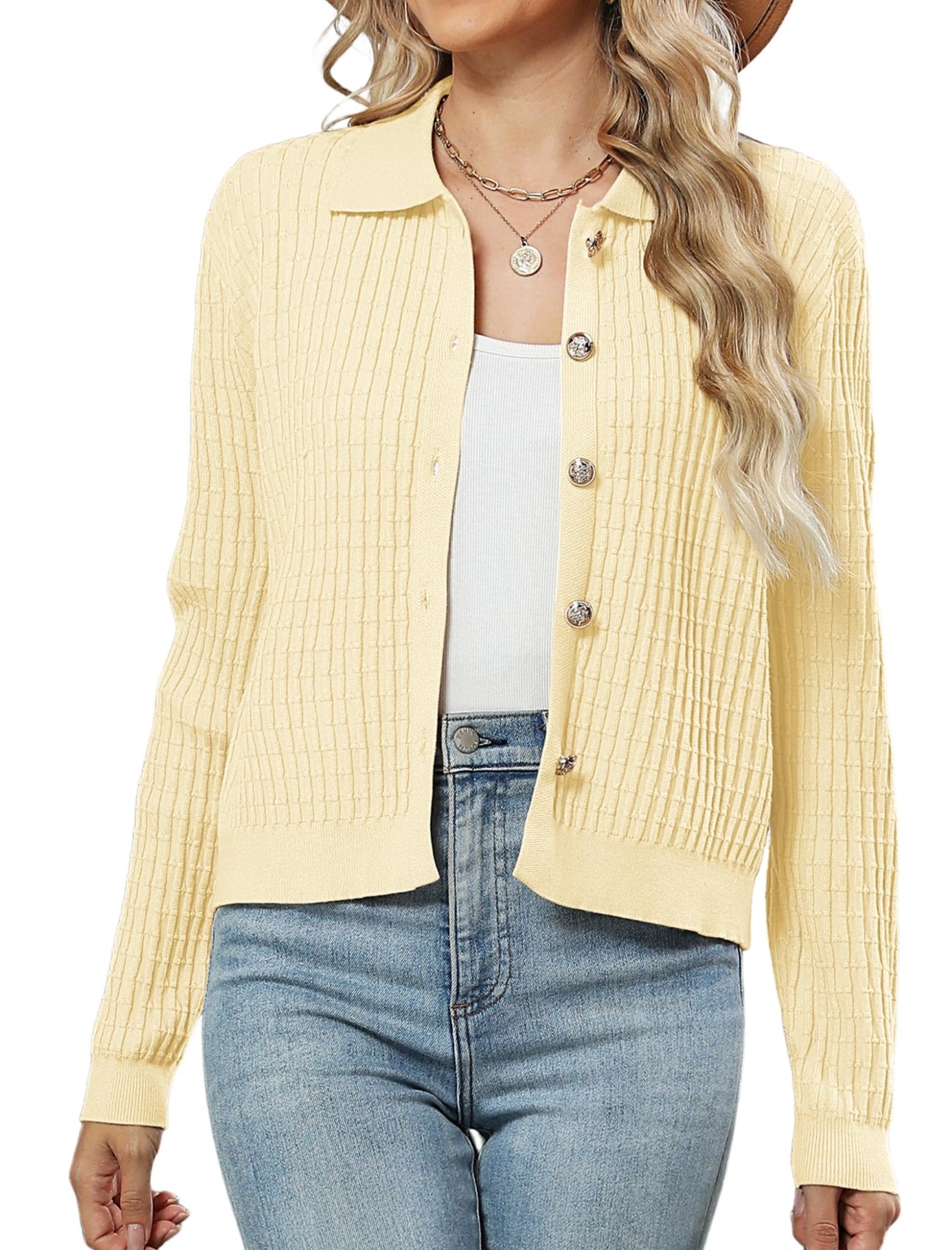 ZAFUL Womens Cable Knit Cardigan Sweater Casual Long Sleeve Open Front Button Down Cardigan Lapel Neck Cropped Sweater