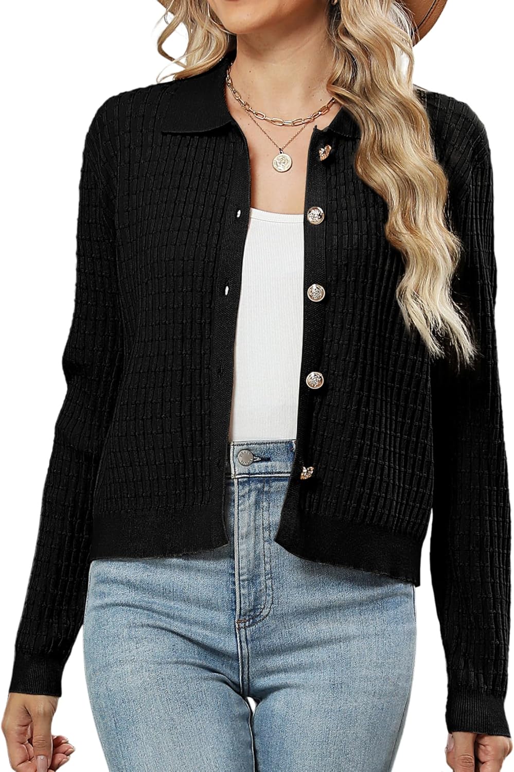 ZAFUL Womens Cable Knit Cardigan Sweater Casual Long Sleeve Open Front Button Down Cardigan Lapel Neck Cropped Sweater
