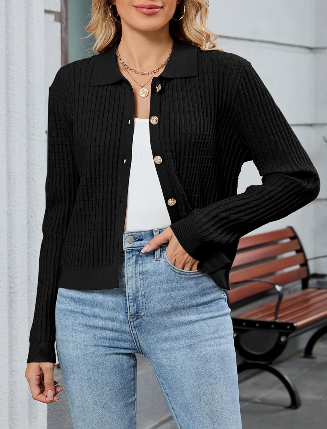 ZAFUL Womens Cable Knit Cardigan Sweater Casual Long Sleeve Open Front Button Down Cardigan Lapel Neck Cropped Sweater