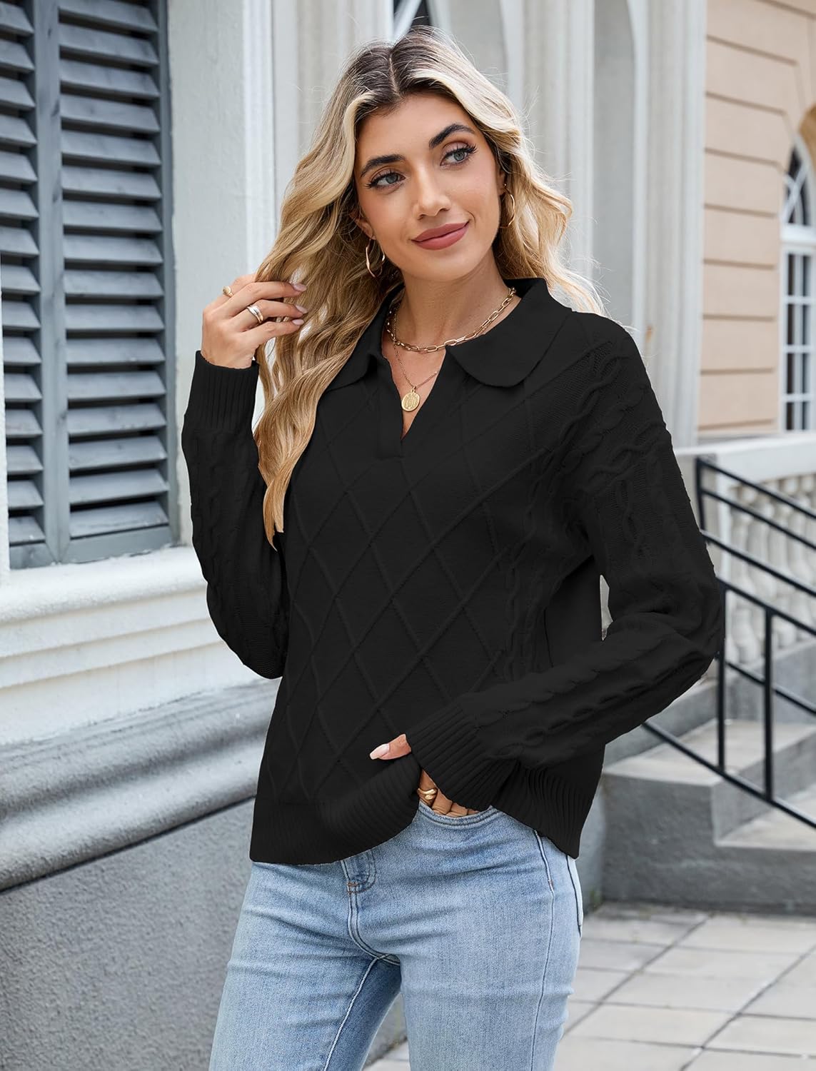 ZAFUL Womens Cable Knit Sweater Classic Lapel Collar Sweater Tops Ladies Soft Fit Casual Chunky Long Sleeve Pullover Sweaters