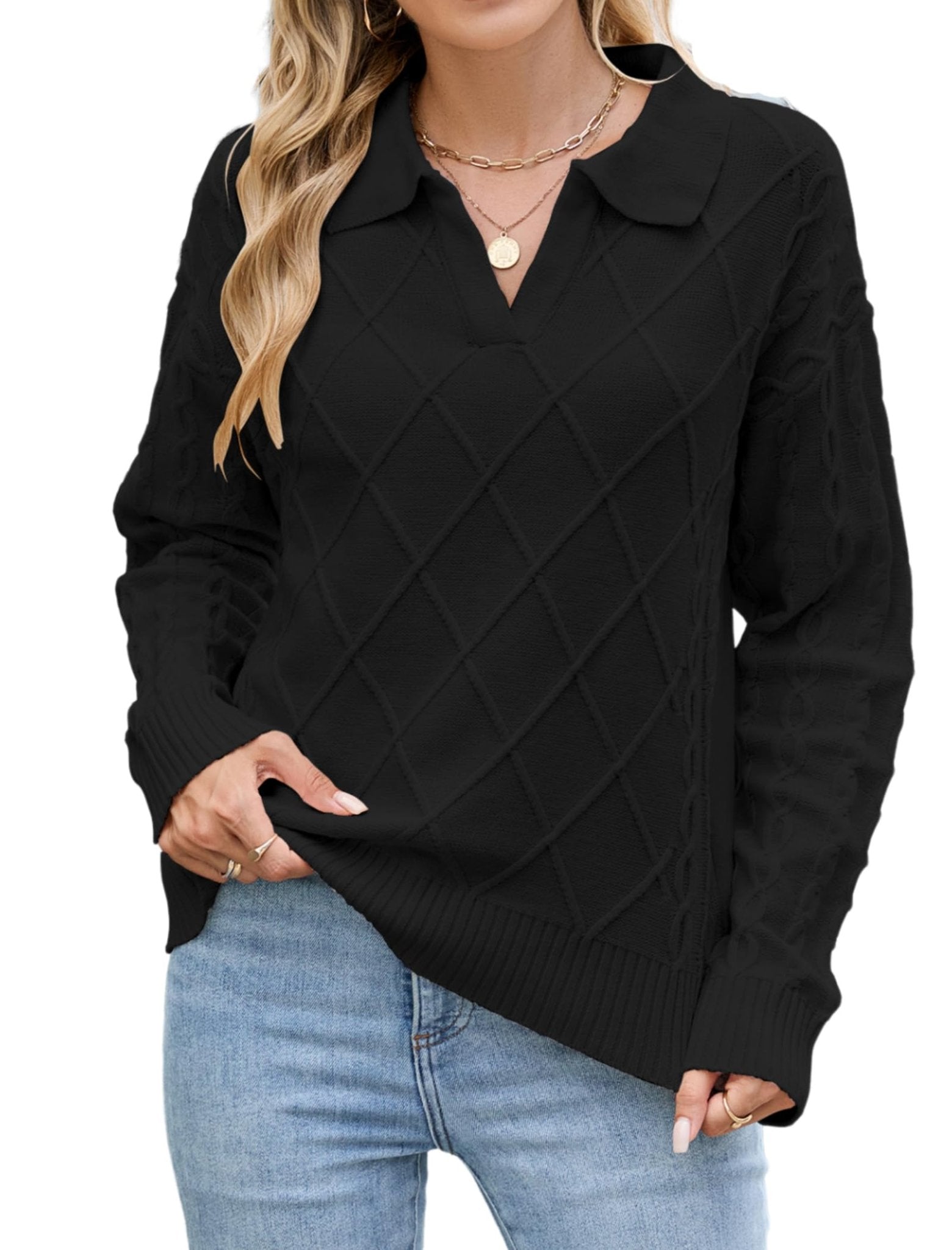 ZAFUL Womens Cable Knit Sweater Classic Lapel Collar Sweater Tops Ladies Soft Fit Casual Chunky Long Sleeve Pullover Sweaters