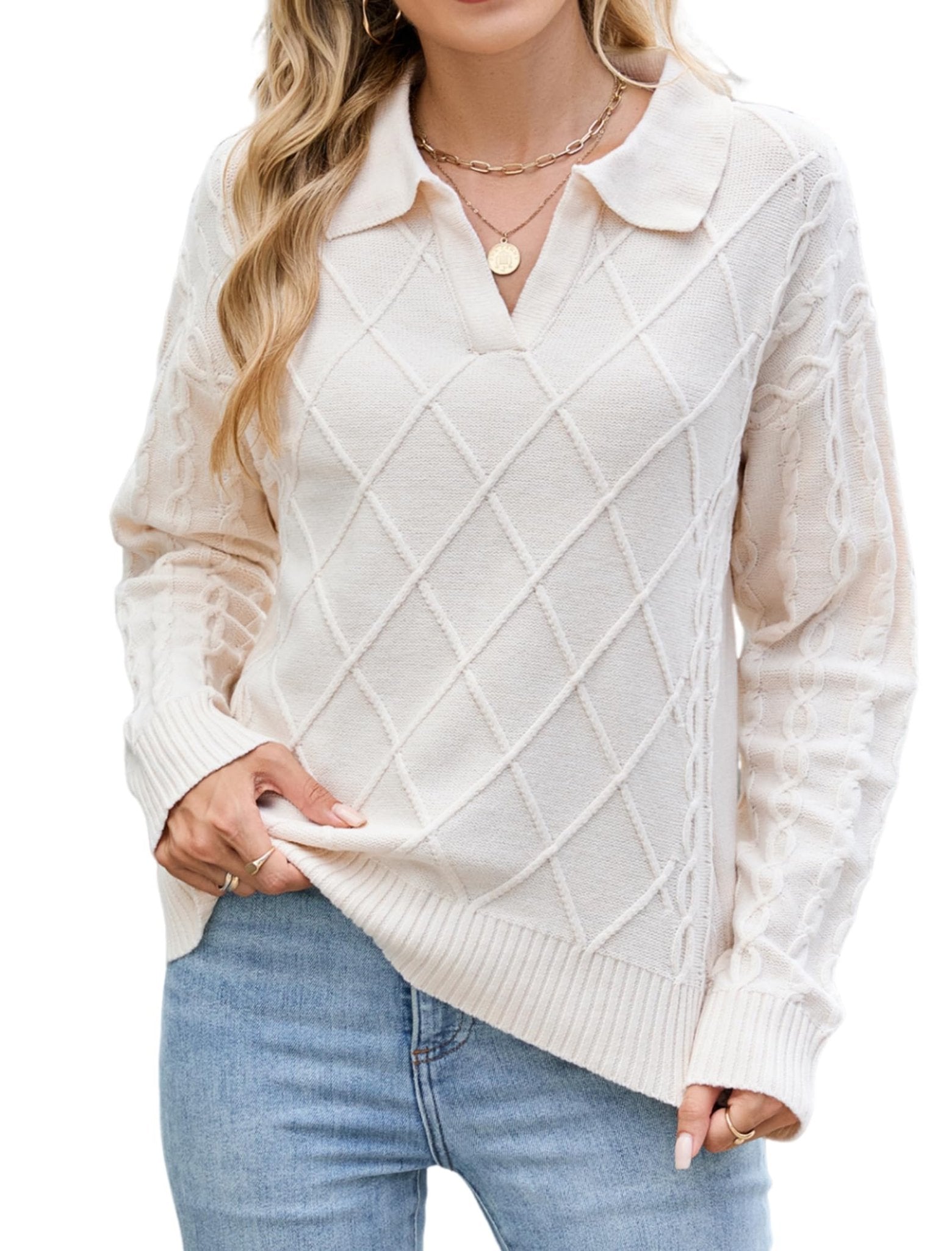 ZAFUL Womens Cable Knit Sweater Classic Lapel Collar Sweater Tops Ladies Soft Fit Casual Chunky Long Sleeve Pullover Sweaters