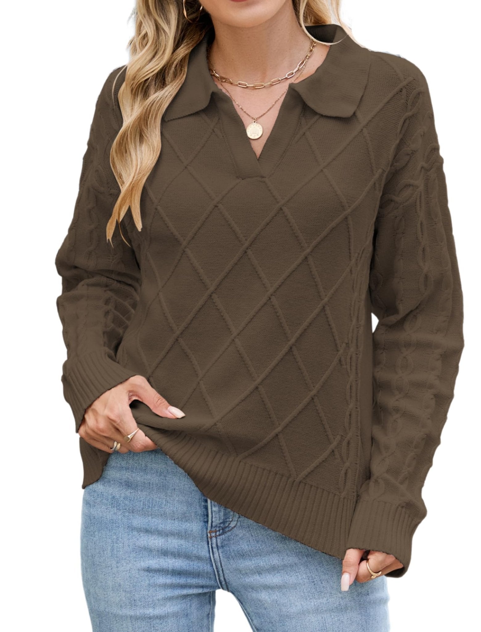 ZAFUL Womens Cable Knit Sweater Classic Lapel Collar Sweater Tops Ladies Soft Fit Casual Chunky Long Sleeve Pullover Sweaters