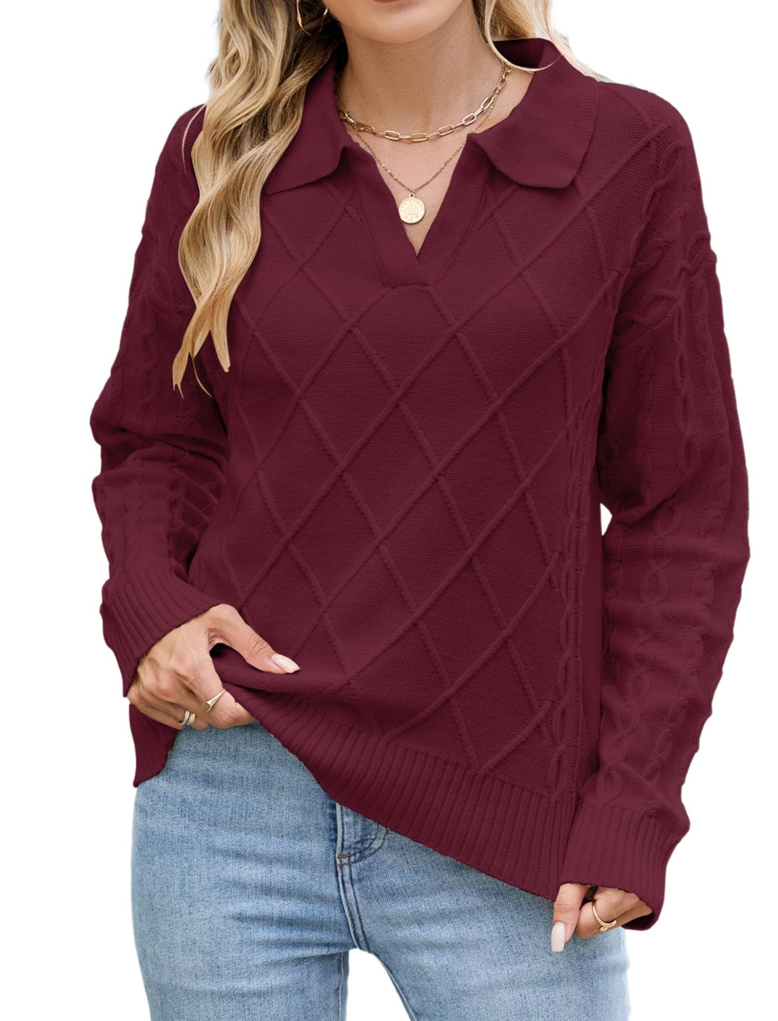 ZAFUL Womens Cable Knit Sweater Classic Lapel Collar Sweater Tops Ladies Soft Fit Casual Chunky Long Sleeve Pullover Sweaters