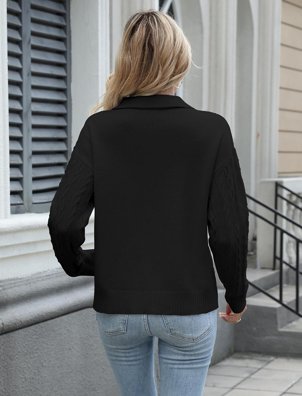 ZAFUL Womens Cable Knit Sweater Classic Lapel Collar Sweater Tops Ladies Soft Fit Casual Chunky Long Sleeve Pullover Sweaters