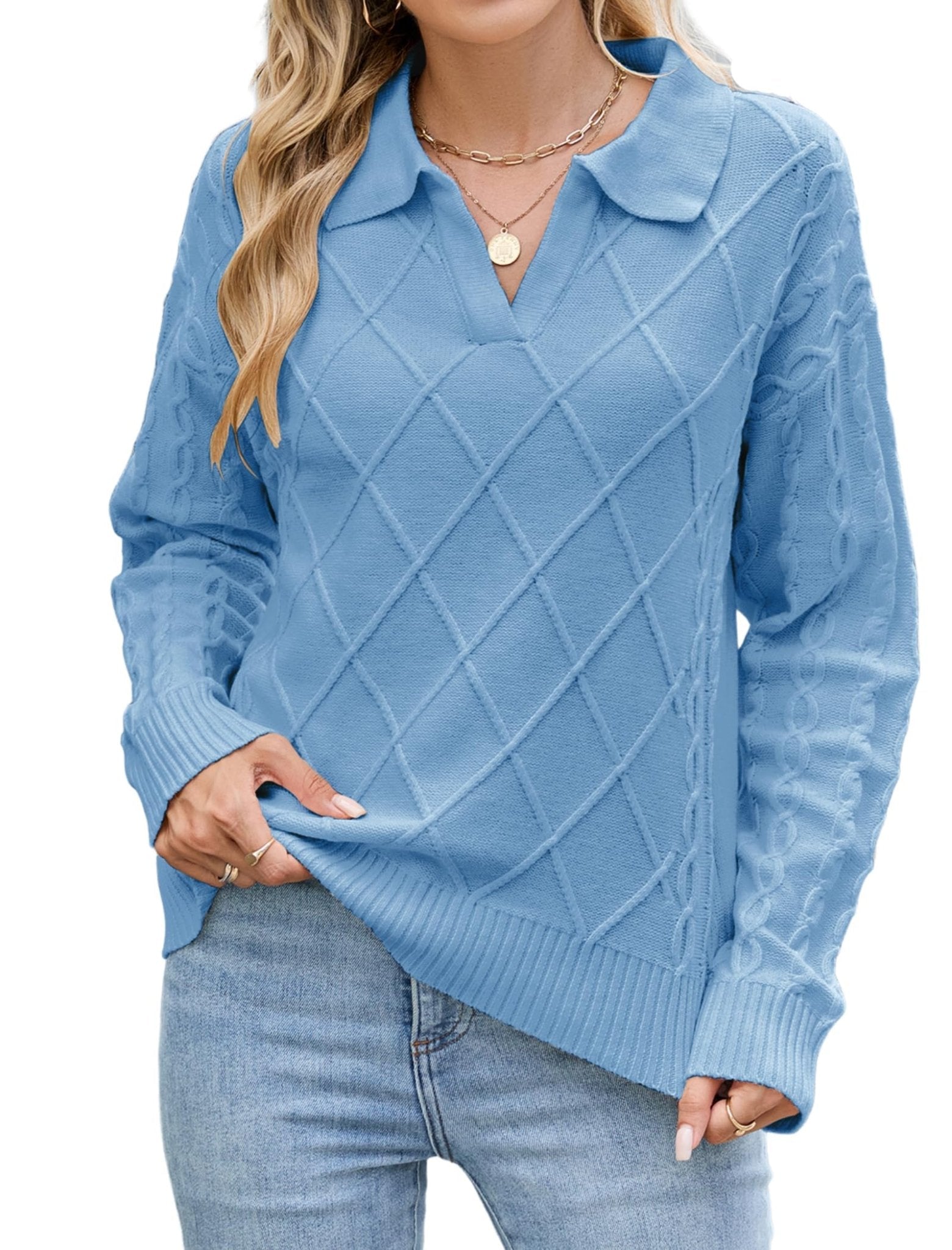 ZAFUL Womens Cable Knit Sweater Classic Lapel Collar Sweater Tops Ladies Soft Fit Casual Chunky Long Sleeve Pullover Sweaters