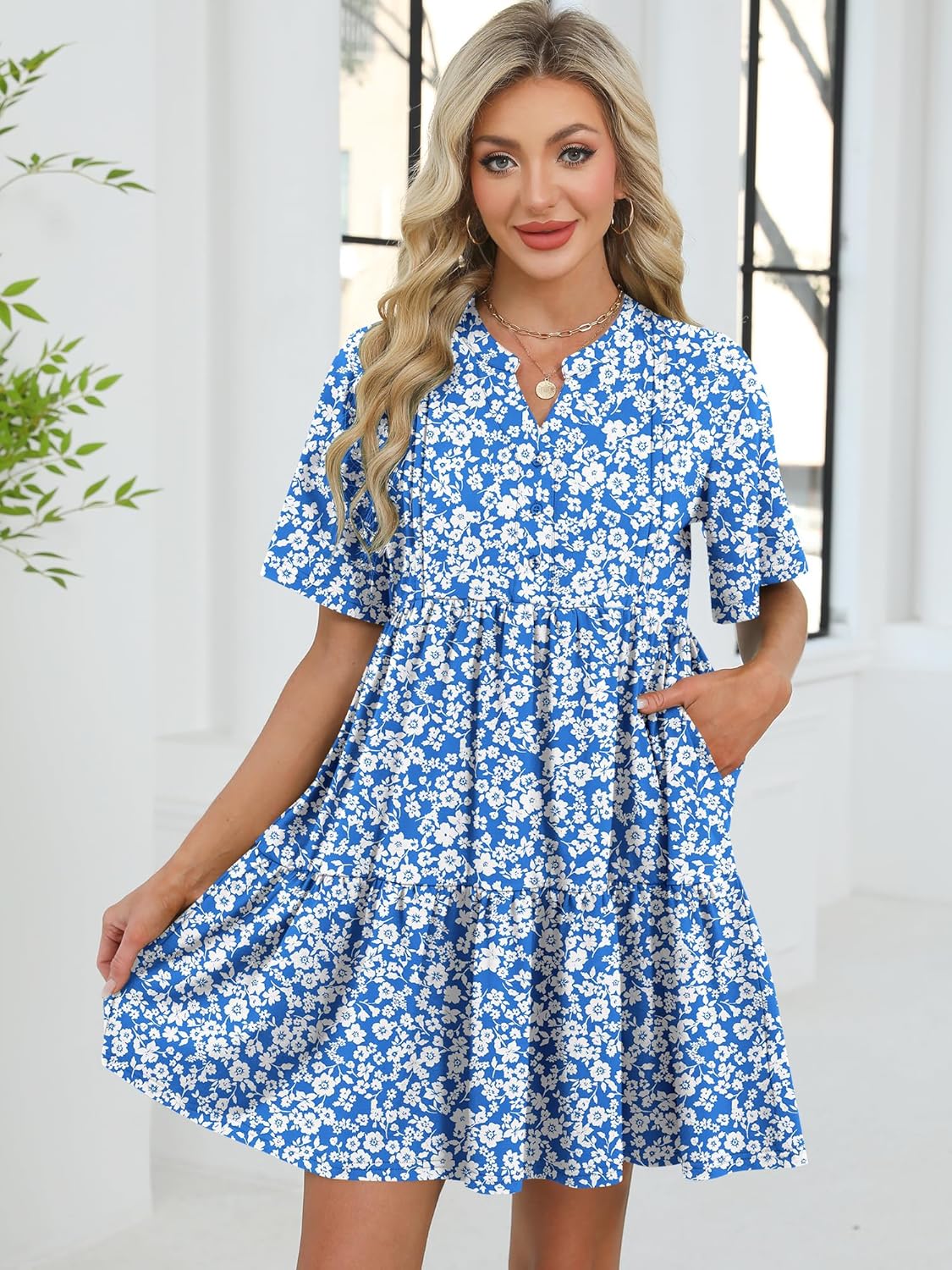 ZAFUL Women's Casual Dresses Floral Short Sleeves Mini Sundresses Blue Bohemian Beach Resort Wear Aline Flowy Dress with Pockets S