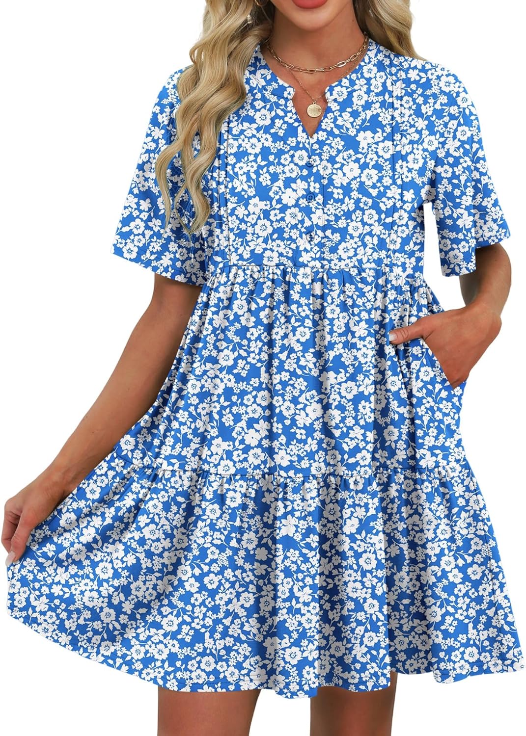ZAFUL Women's Casual Dresses Floral Short Sleeves Mini Sundresses Blue Bohemian Beach Resort Wear Aline Flowy Dress with Pockets S