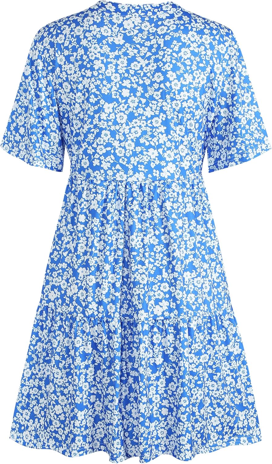 ZAFUL Women's Casual Dresses Floral Short Sleeves Mini Sundresses Blue Bohemian Beach Resort Wear Aline Flowy Dress with Pockets S