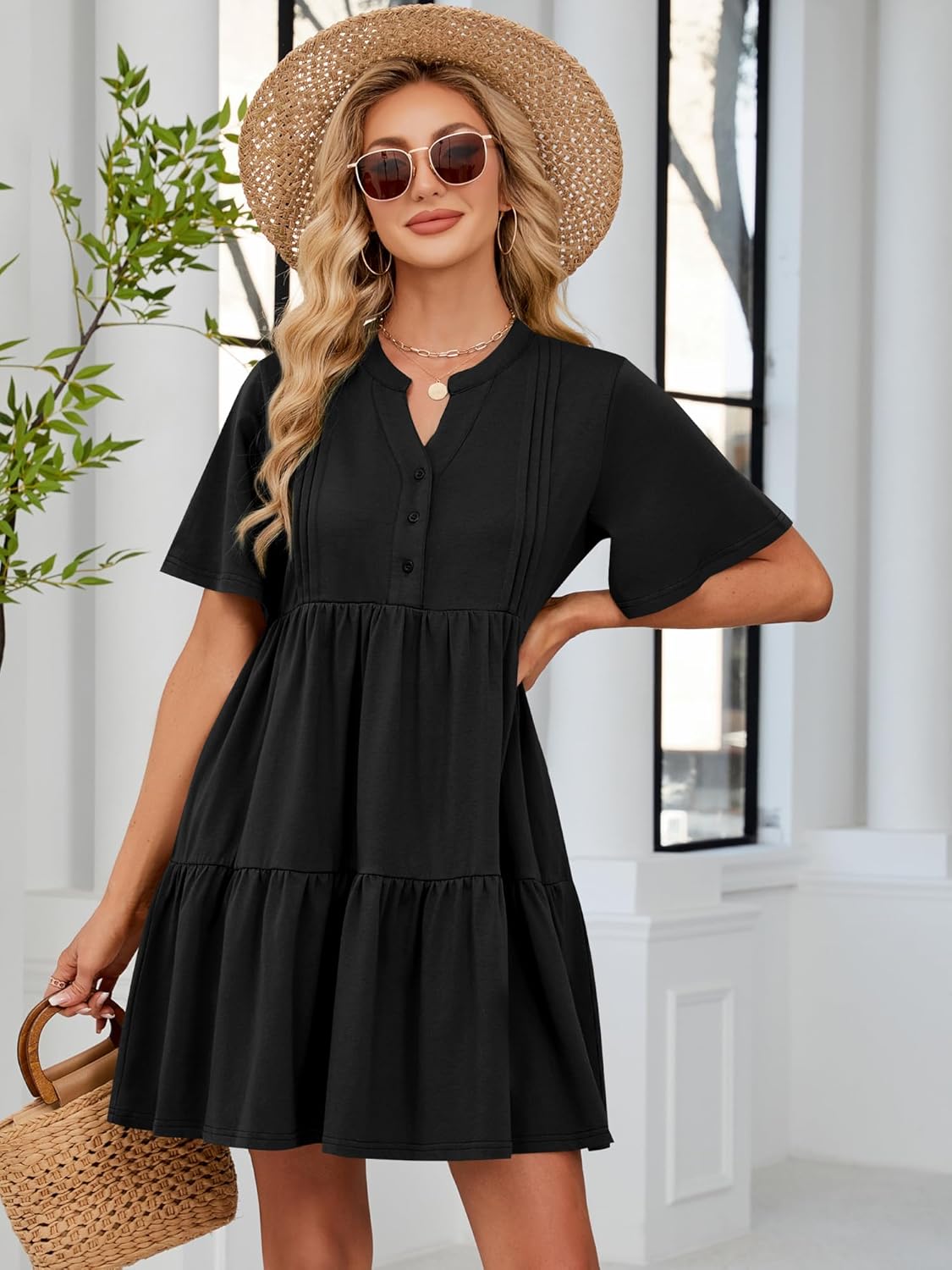 ZAFUL Women's Casual Dresses V Neck Short Sleeves Mini Sundresses Teens Black Flowy Work Funeral A-Line Skater Dress with Pockets S
