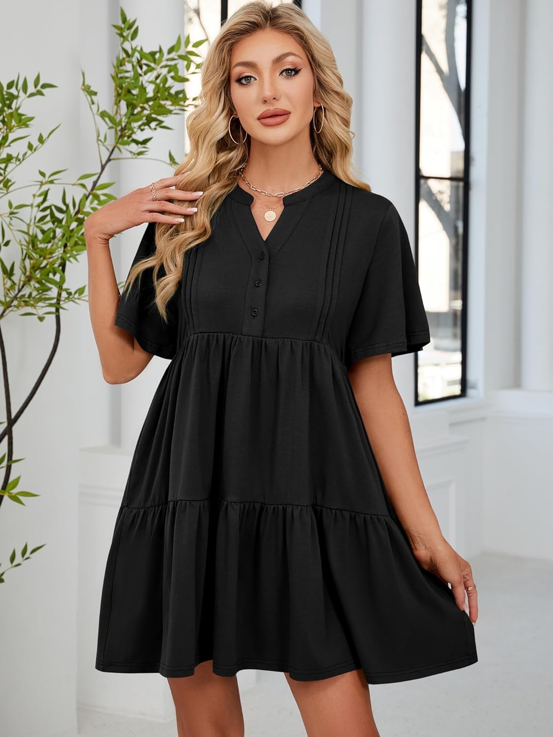ZAFUL Women's Casual Dresses V Neck Short Sleeves Mini Sundresses Teens Black Flowy Work Funeral A-Line Skater Dress with Pockets S