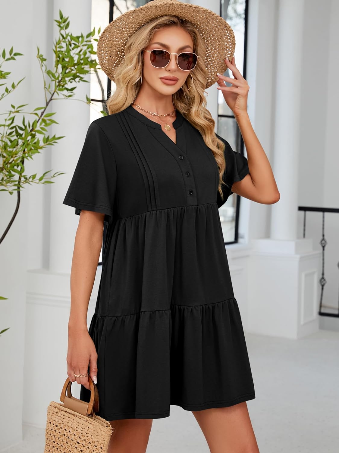ZAFUL Women's Casual Dresses V Neck Short Sleeves Mini Sundresses Teens Black Flowy Work Funeral A-Line Skater Dress with Pockets S