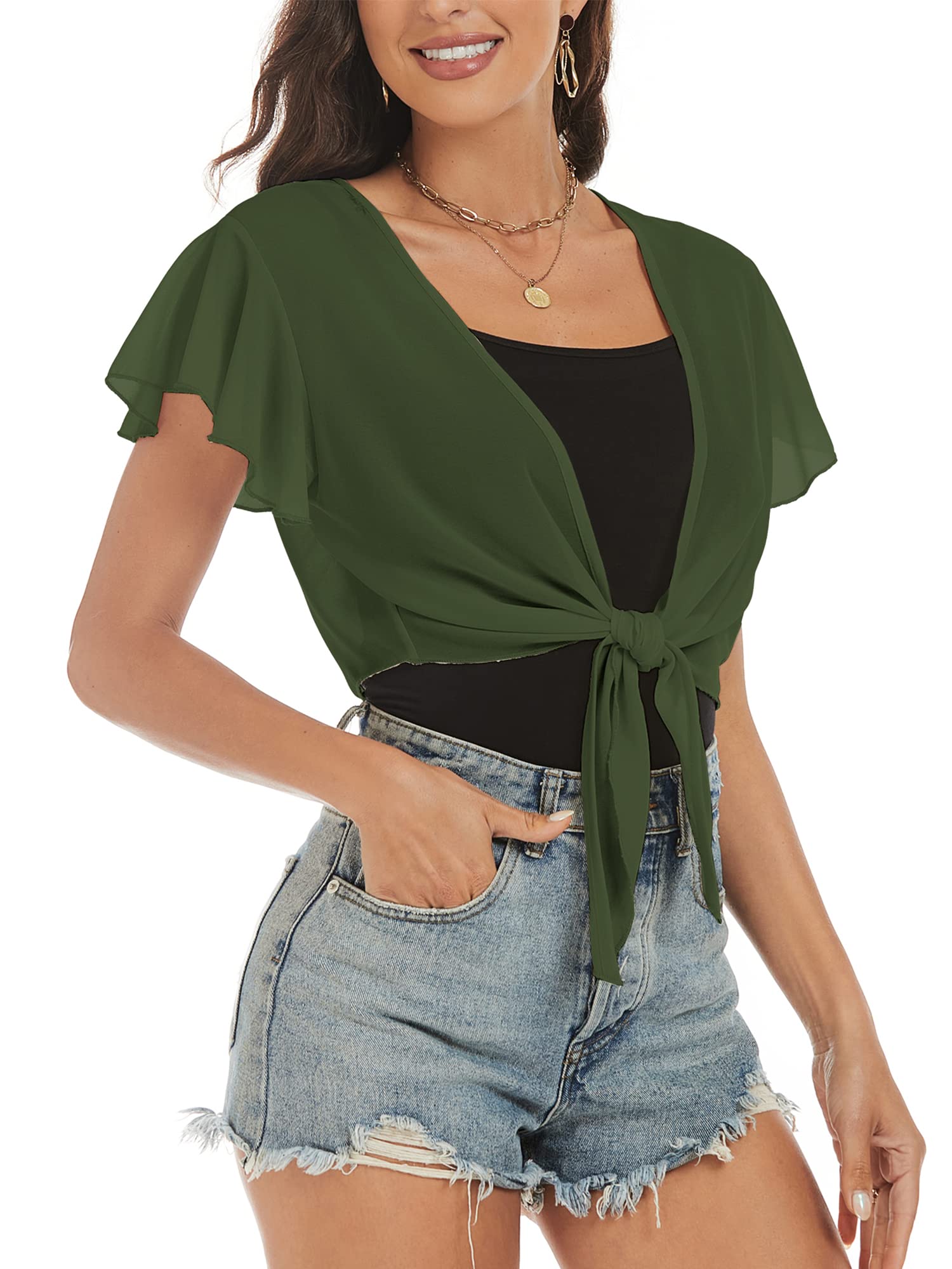 ZAFUL Women's Chiffon Cropped Bolero Sheer Shrugs for Dress Short Sleeve Tie Front Cardigan
