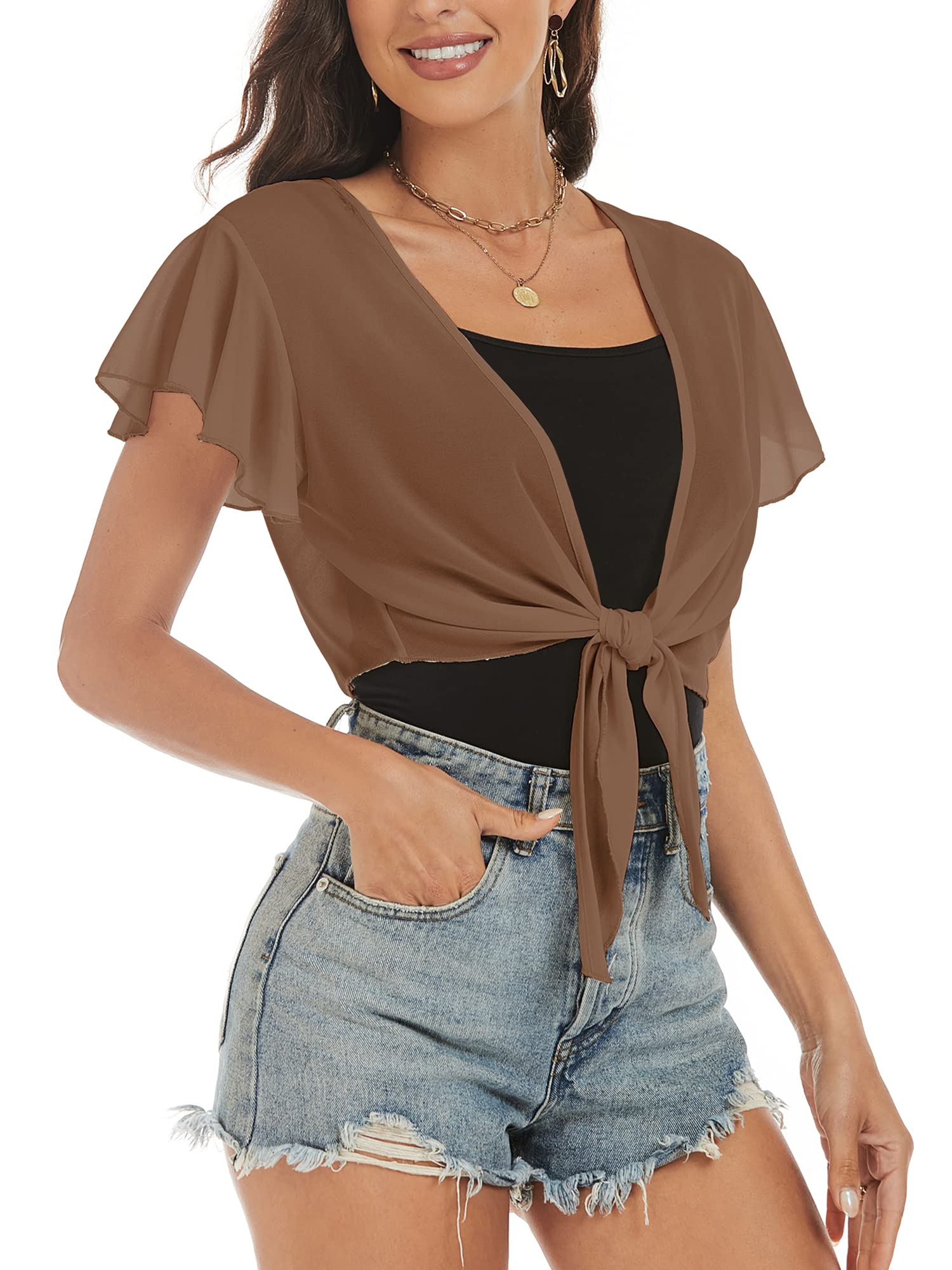 ZAFUL Women's Chiffon Cropped Bolero Sheer Shrugs for Dress Short Sleeve Tie Front Cardigan