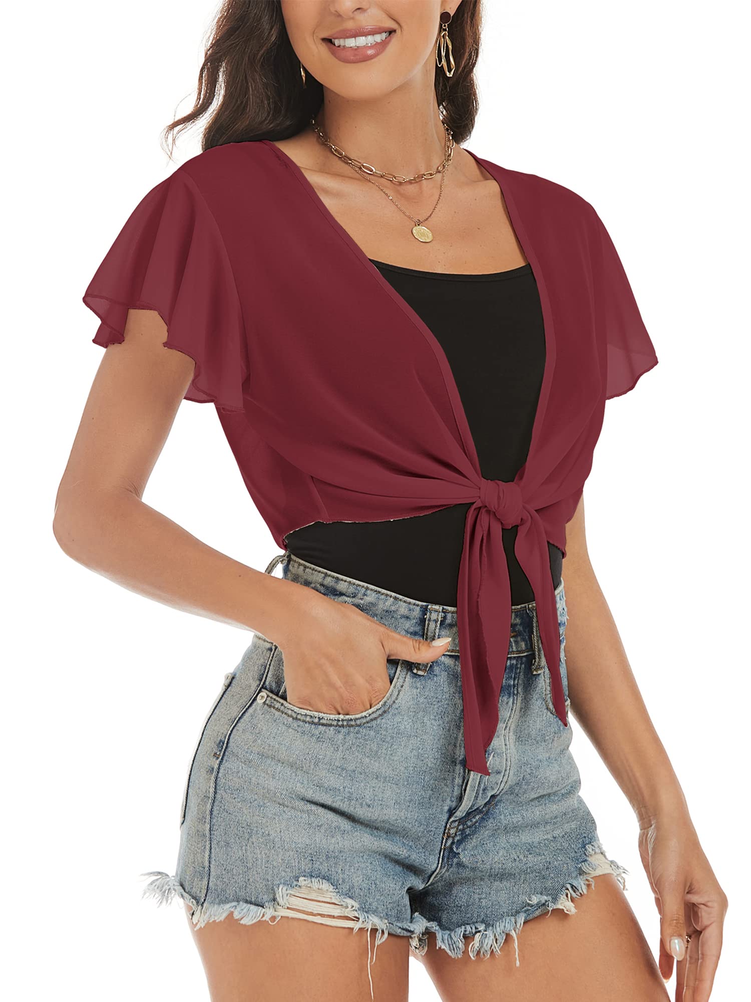 ZAFUL Women's Chiffon Cropped Bolero Sheer Shrugs for Dress Short Sleeve Tie Front Cardigan