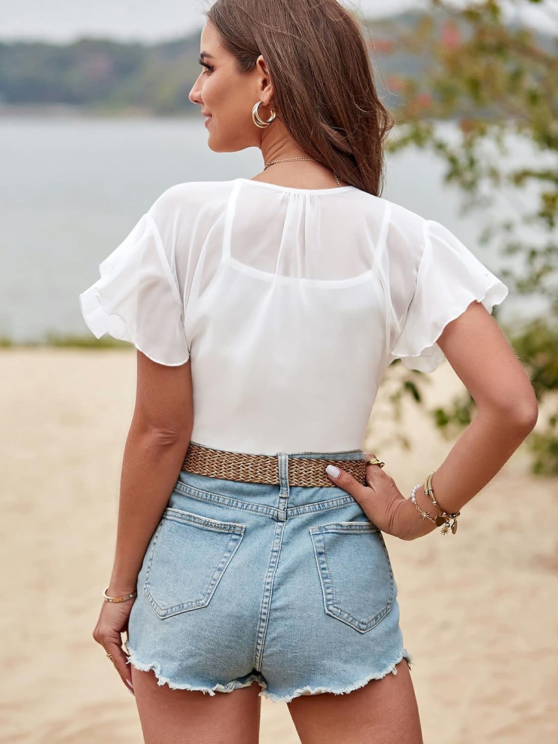 ZAFUL Women's Chiffon Cropped Bolero Sheer Shrugs for Dress Short Sleeve Tie Front Cardigan