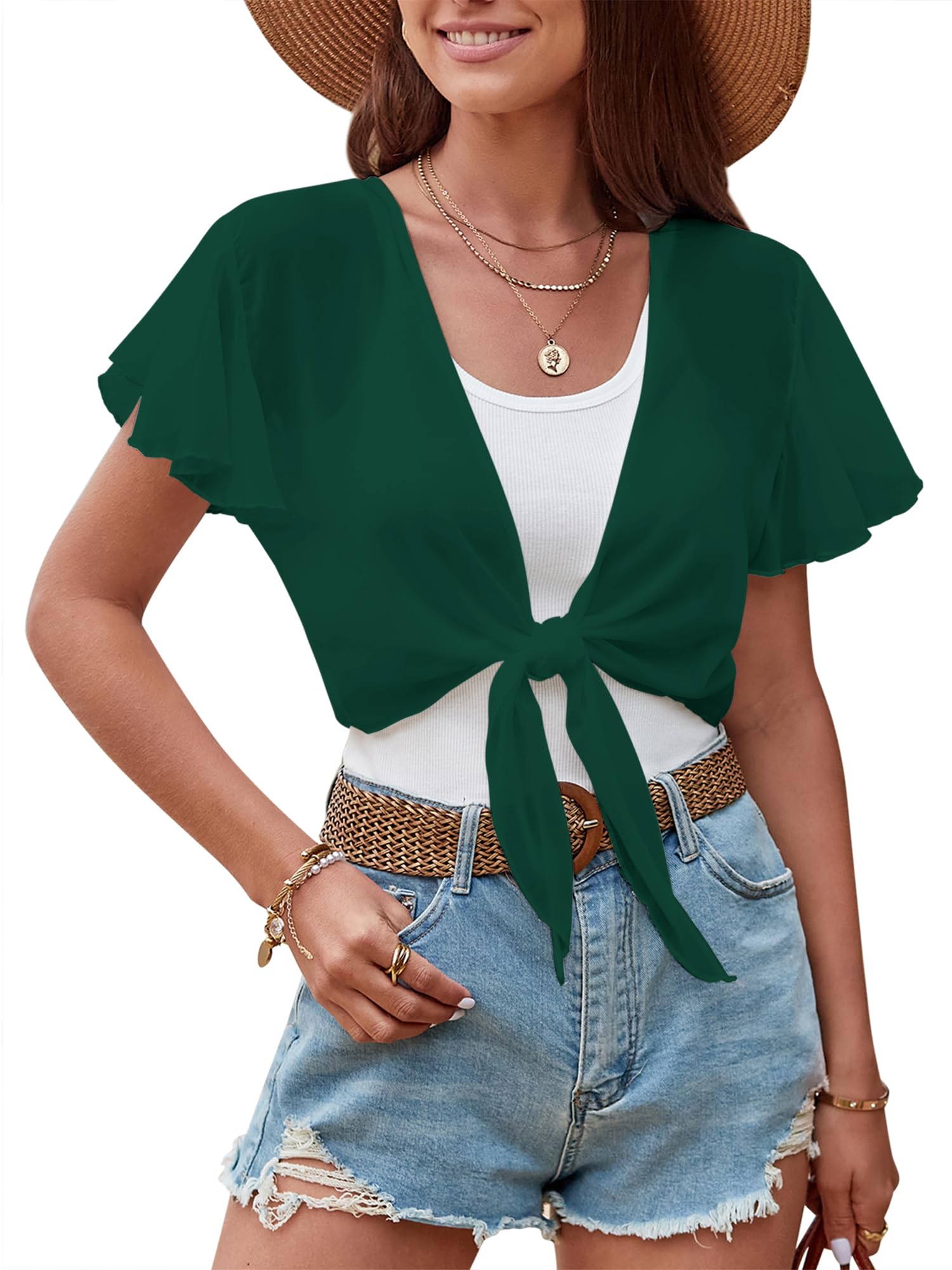 ZAFUL Women's Chiffon Cropped Bolero Sheer Shrugs for Dress Short Sleeve Tie Front Cardigan