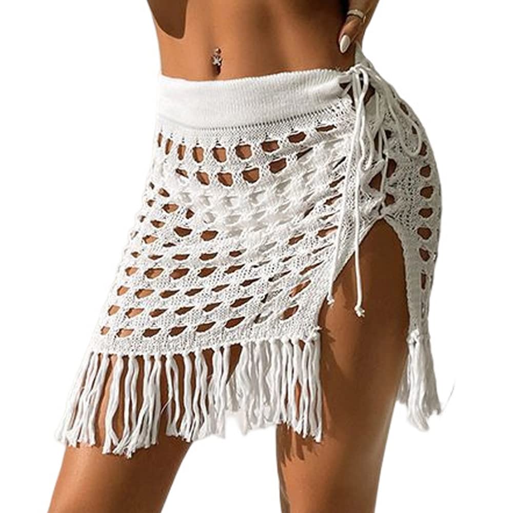 ZAFUL Women's Crochet Bikini Cover Up Skirt Tassel Knit Mini Beach Drawstring Side Swimsuit