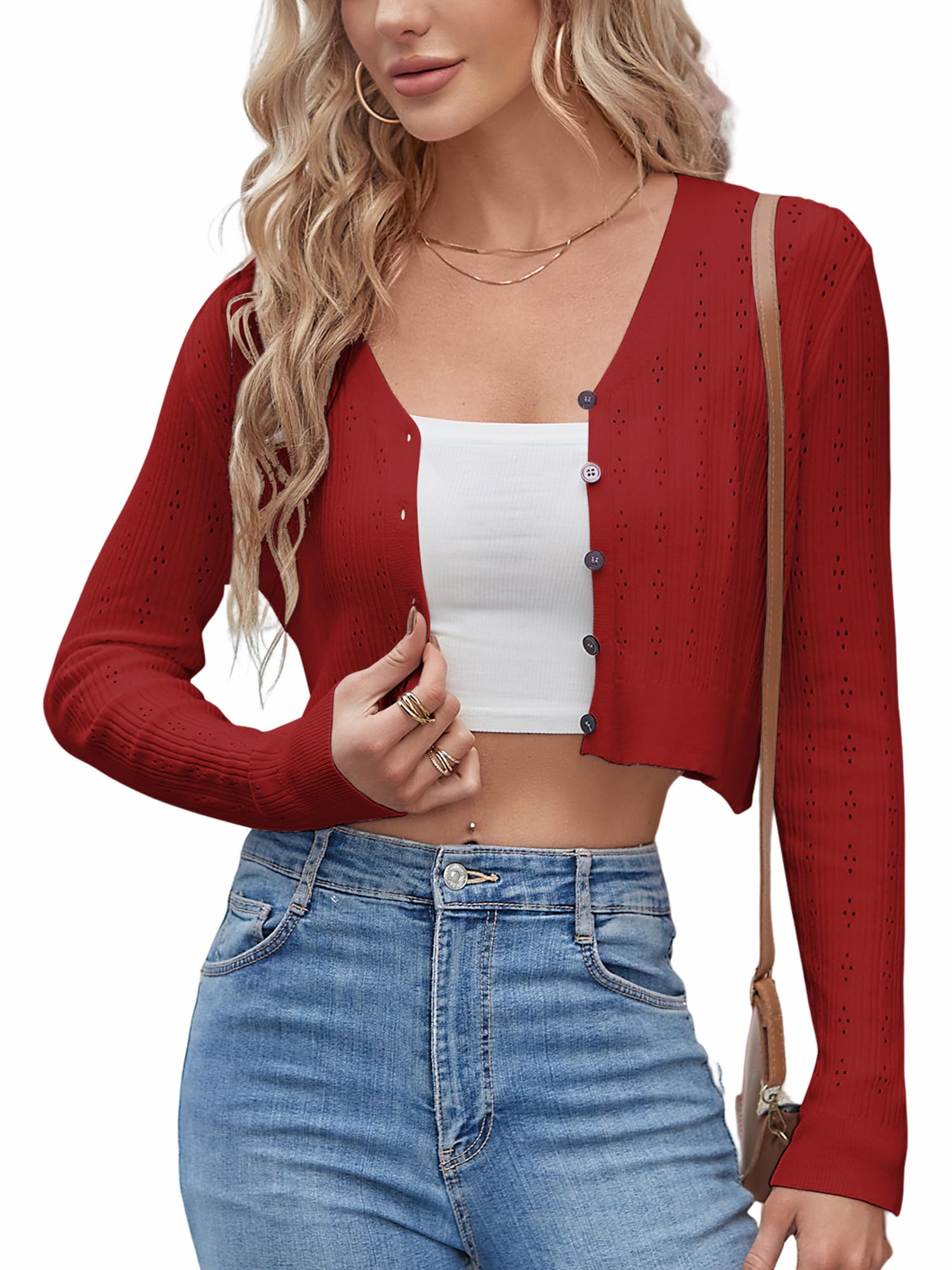 ZAFUL Women's Cropped Bolero Long Sleeve Knit Cardigan V Neck Button Down Shurg for Dress