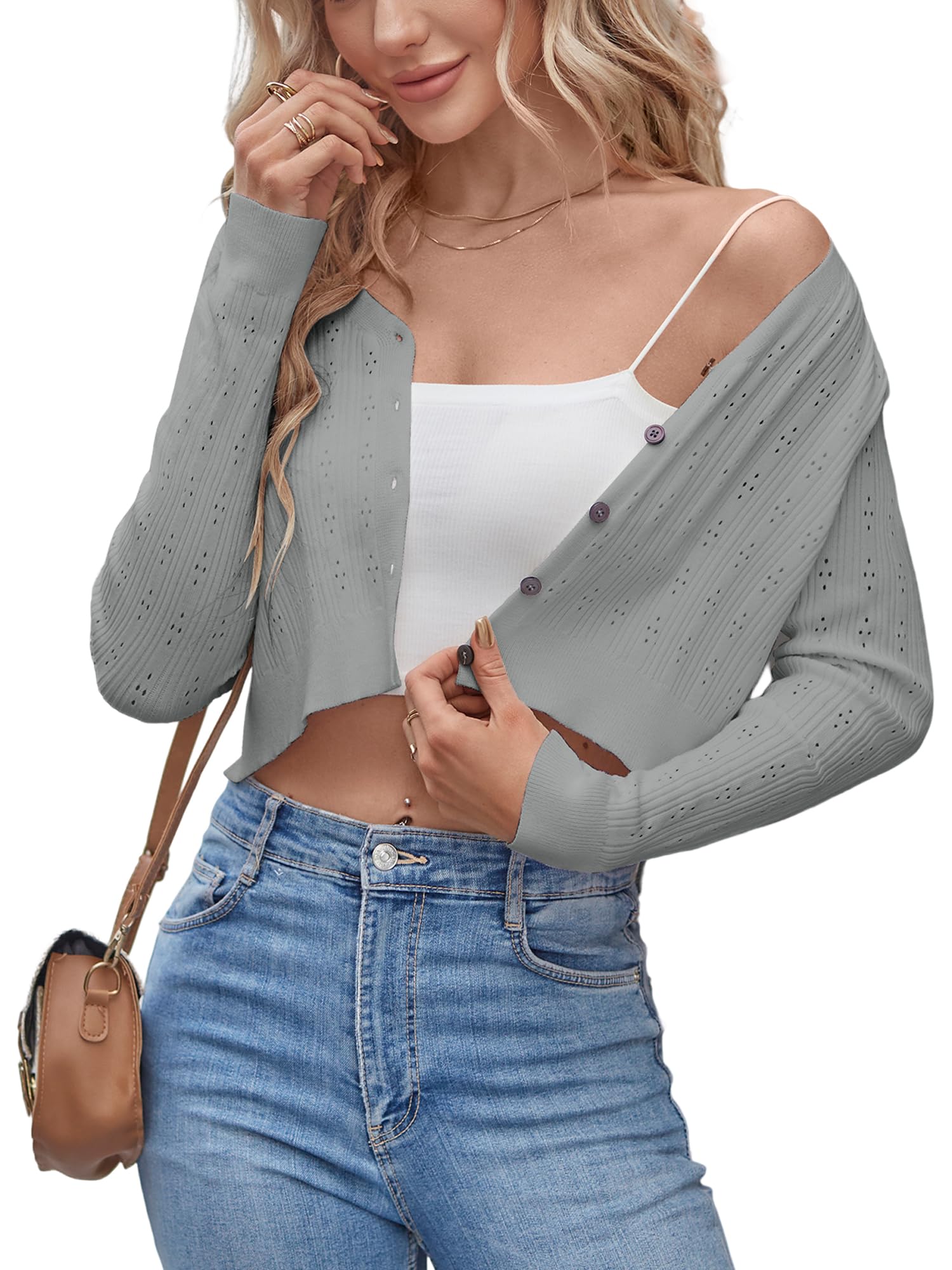 ZAFUL Women's Cropped Bolero Long Sleeve Knit Cardigan V Neck Button Down Shurg for Dress