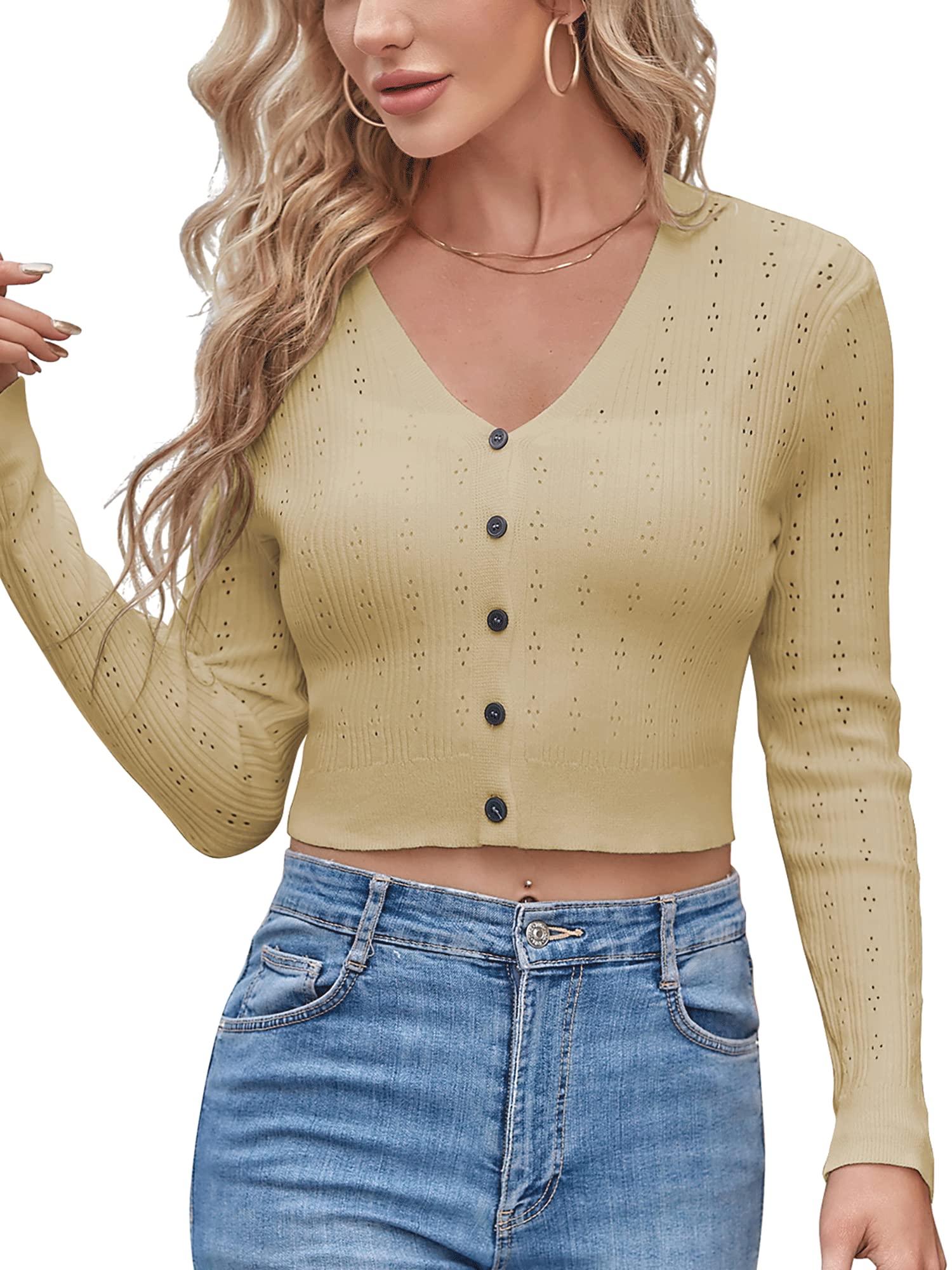 ZAFUL Women's Cropped Bolero Long Sleeve Knit Cardigan V Neck Button Down Shurg for Dress