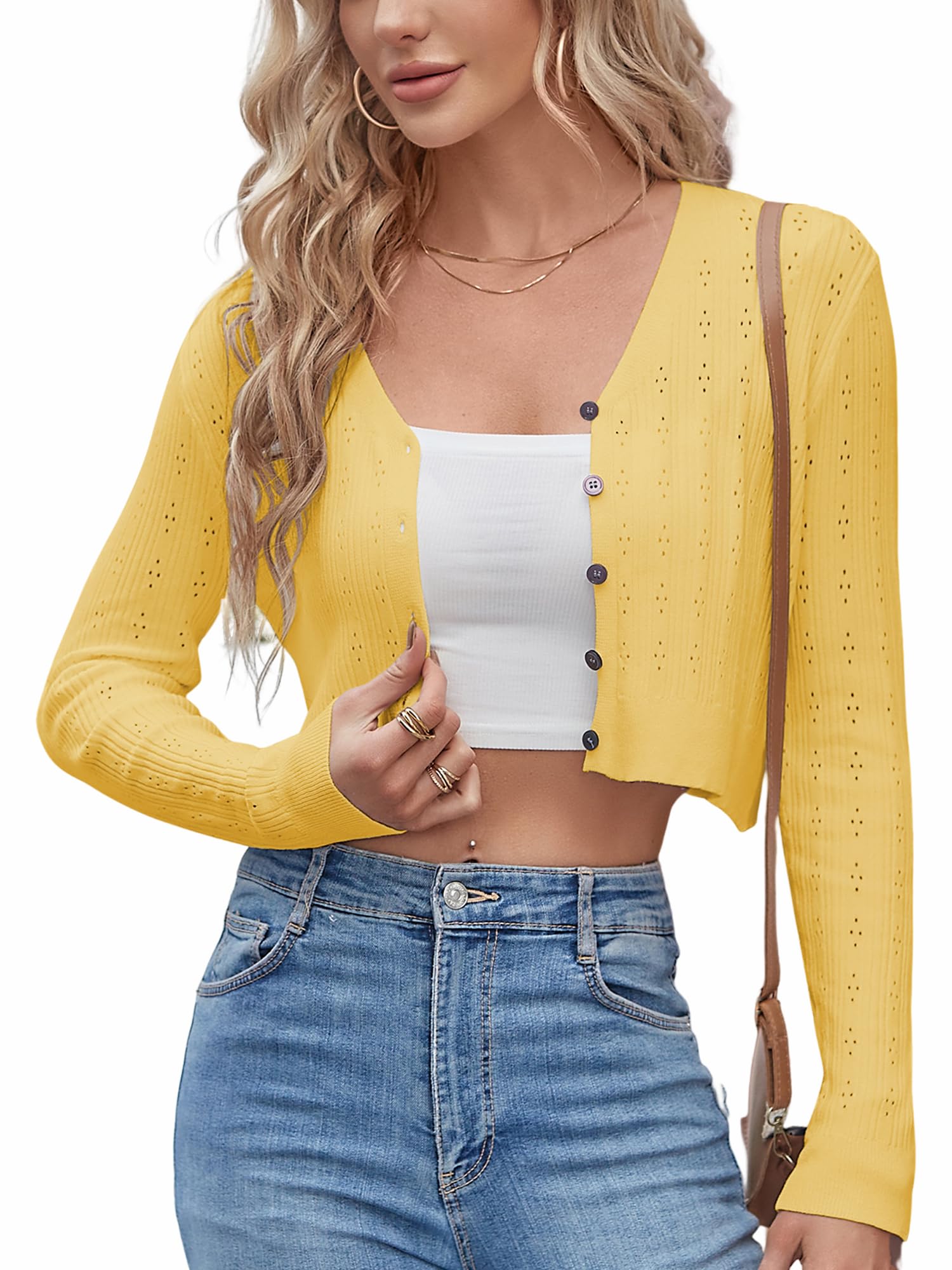 ZAFUL Women's Cropped Bolero Long Sleeve Knit Cardigan V Neck Button Down Shurg for Dress