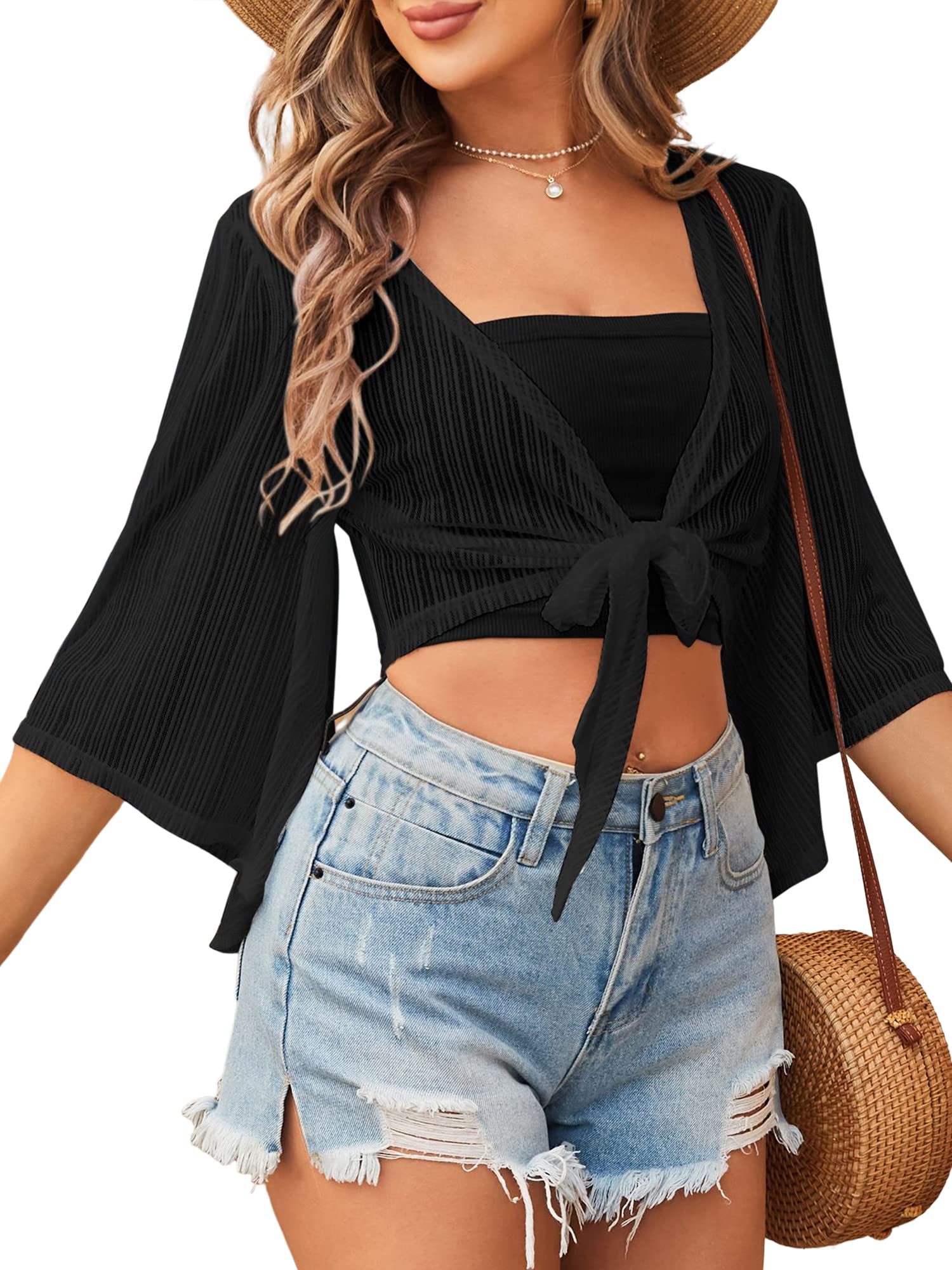 ZAFUL Women's Cropped Bolero Sheer Shrugs for Dress Short Sleeve Tie Front Cardigan
