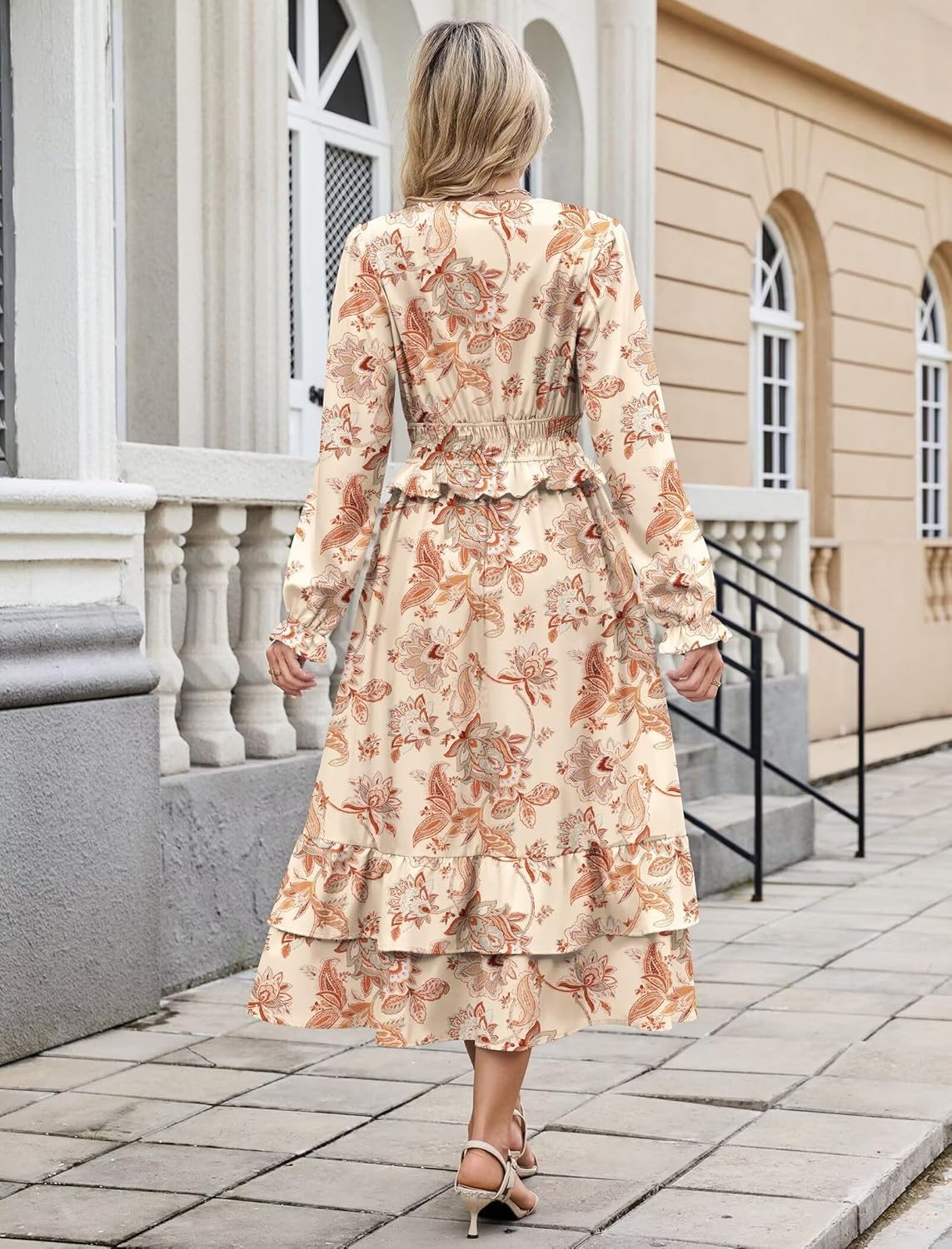 ZAFUL Womens Fall 2025 Casual Floral Maxi Dress Puff Long Sleeve V Neck Smocked Elastic Waist Flowy A line Dress Pockets