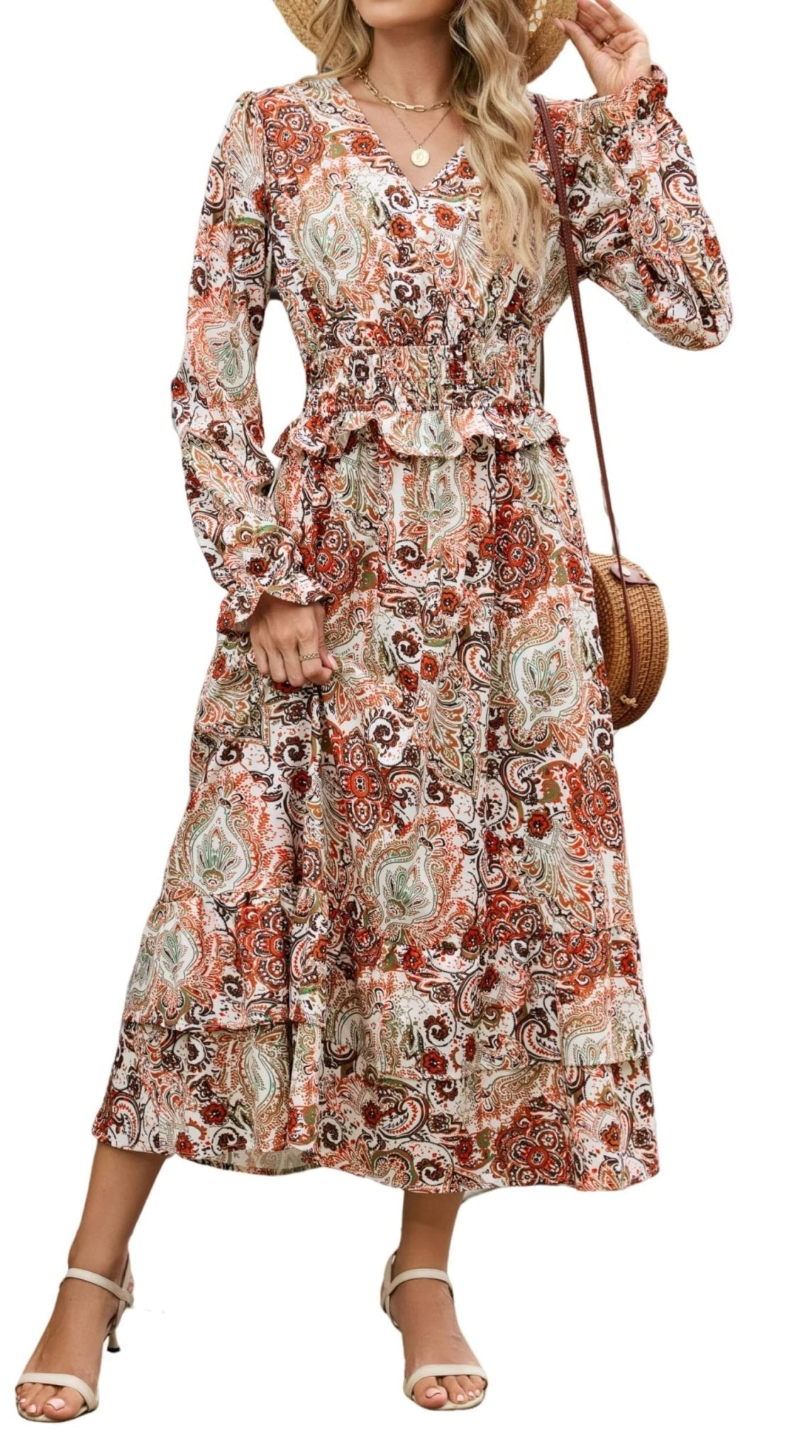 ZAFUL Womens Fall 2025 Casual Floral Maxi Dress Puff Long Sleeve V Neck Smocked Elastic Waist Flowy A line Dress Pockets