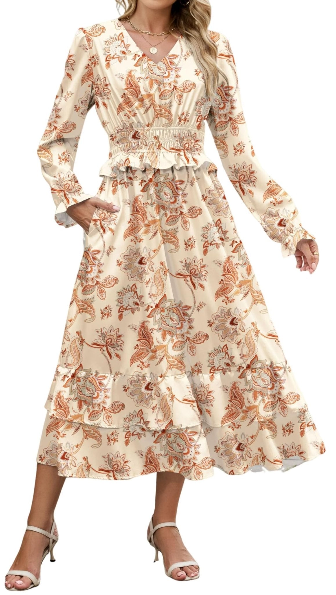 ZAFUL Womens Fall 2025 Casual Floral Maxi Dress Puff Long Sleeve V Neck Smocked Elastic Waist Flowy A line Dress Pockets