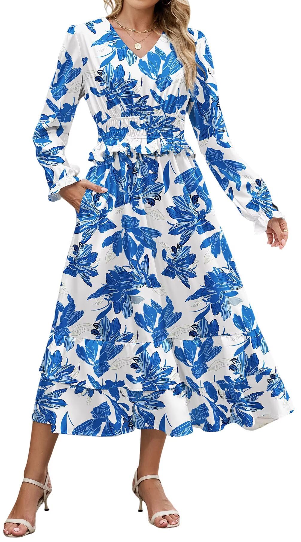 ZAFUL Womens Fall 2025 Casual Floral Maxi Dress Puff Long Sleeve V Neck Smocked Elastic Waist Flowy A line Dress Pockets