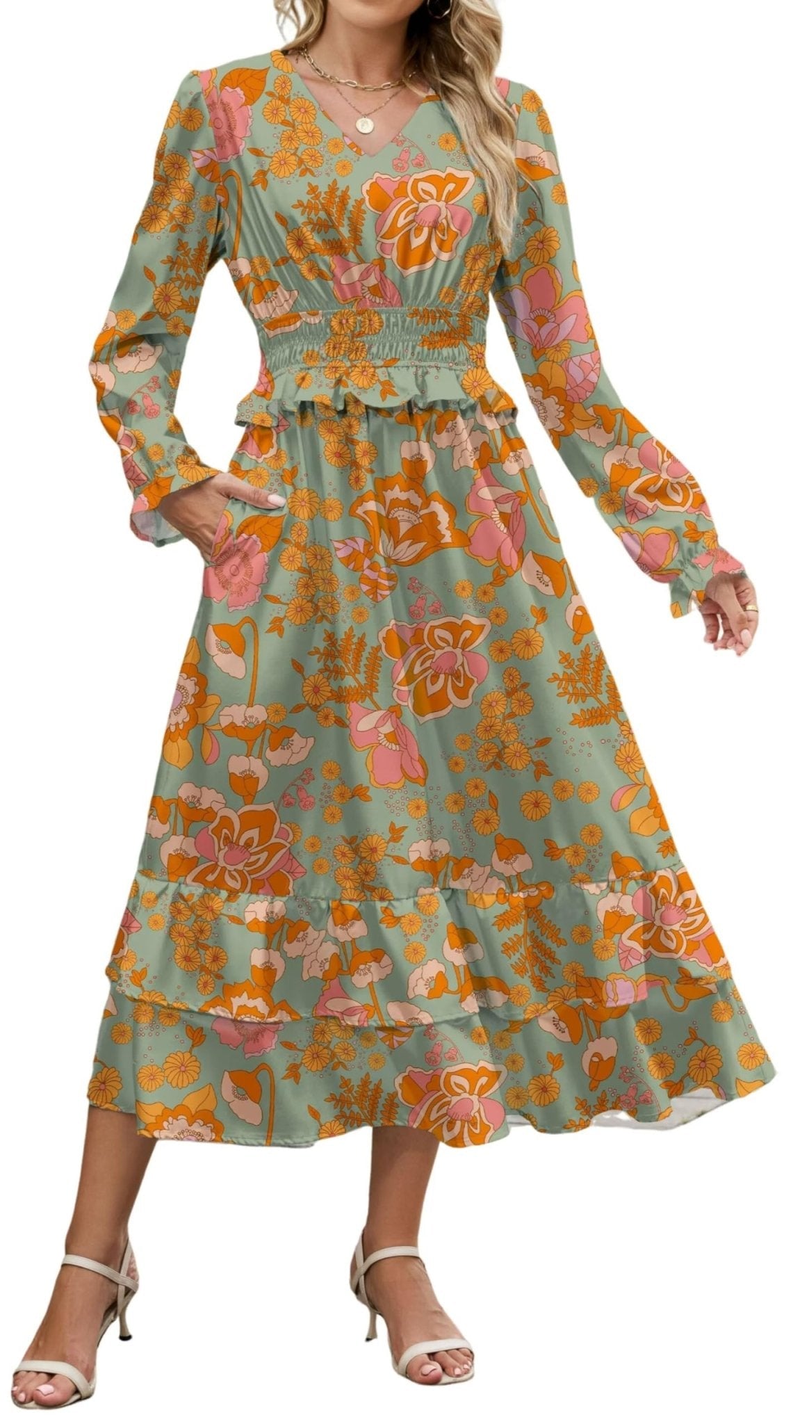 ZAFUL Womens Fall 2025 Casual Floral Maxi Dress Puff Long Sleeve V Neck Smocked Elastic Waist Flowy A line Dress Pockets