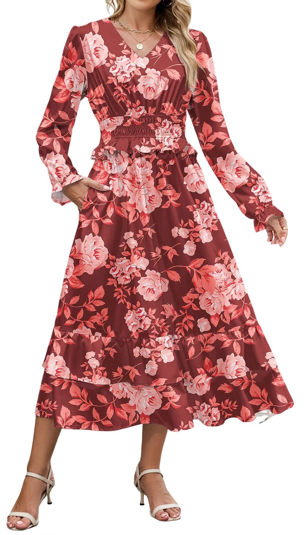 ZAFUL Womens Fall 2025 Casual Floral Maxi Dress Puff Long Sleeve V Neck Smocked Elastic Waist Flowy A line Dress Pockets