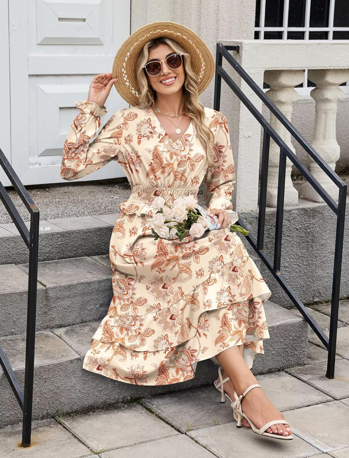 ZAFUL Womens Fall 2025 Casual Floral Maxi Dress Puff Long Sleeve V Neck Smocked Elastic Waist Flowy A line Dress Pockets