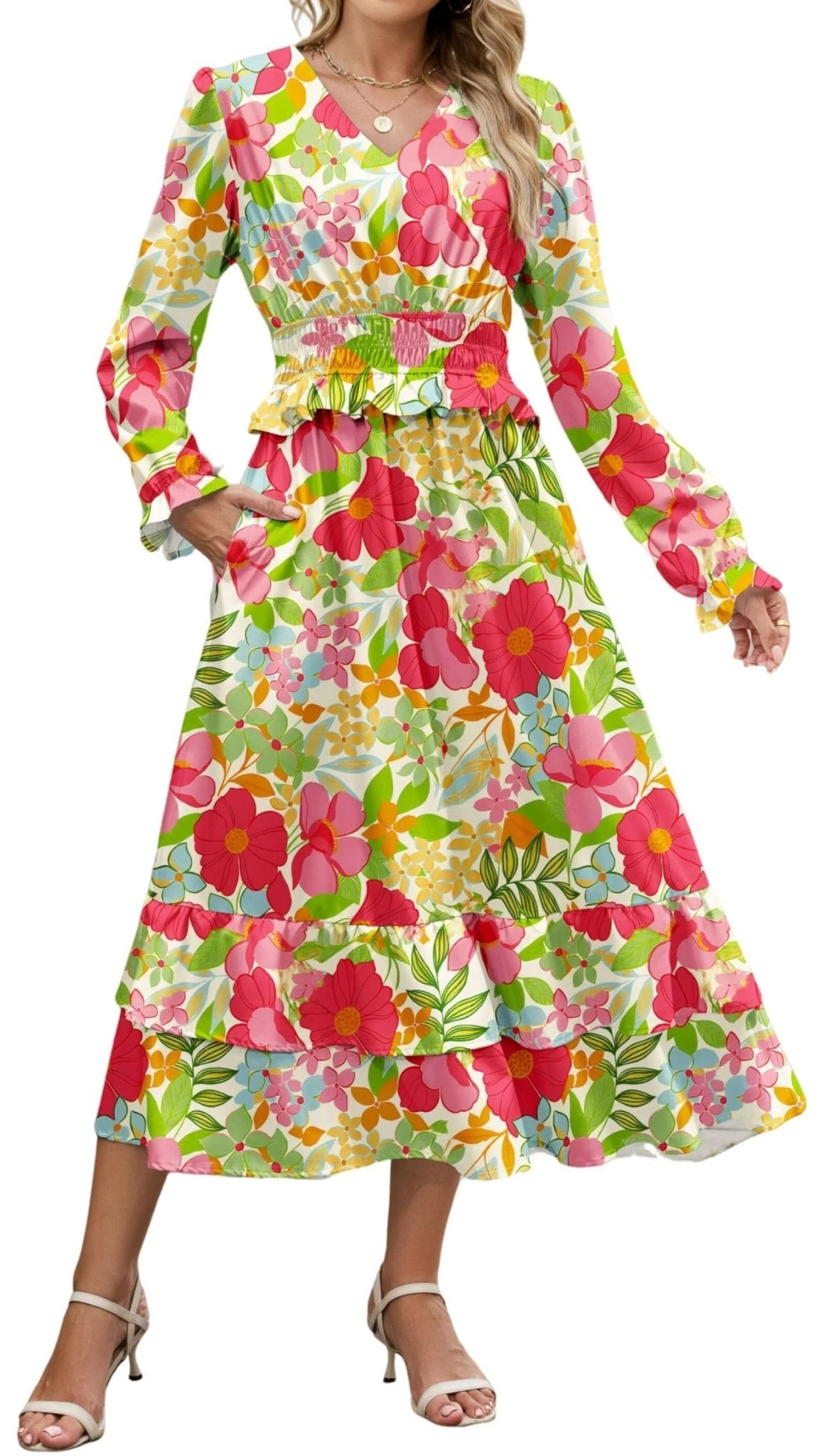 ZAFUL Womens Fall 2025 Casual Floral Maxi Dress Puff Long Sleeve V Neck Smocked Elastic Waist Flowy A line Dress Pockets