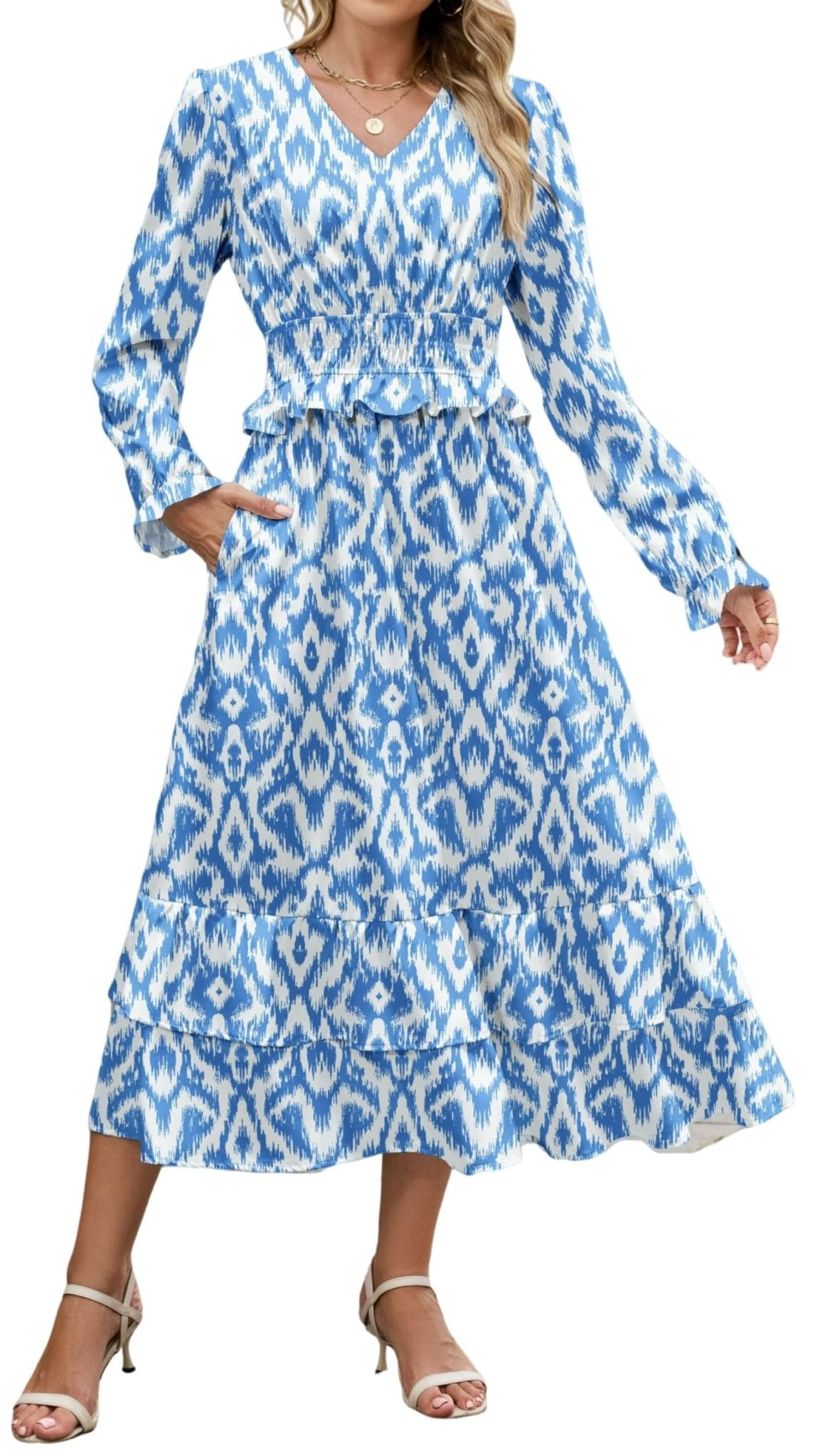 ZAFUL Womens Fall 2025 Casual Floral Maxi Dress Puff Long Sleeve V Neck Smocked Elastic Waist Flowy A line Dress Pockets