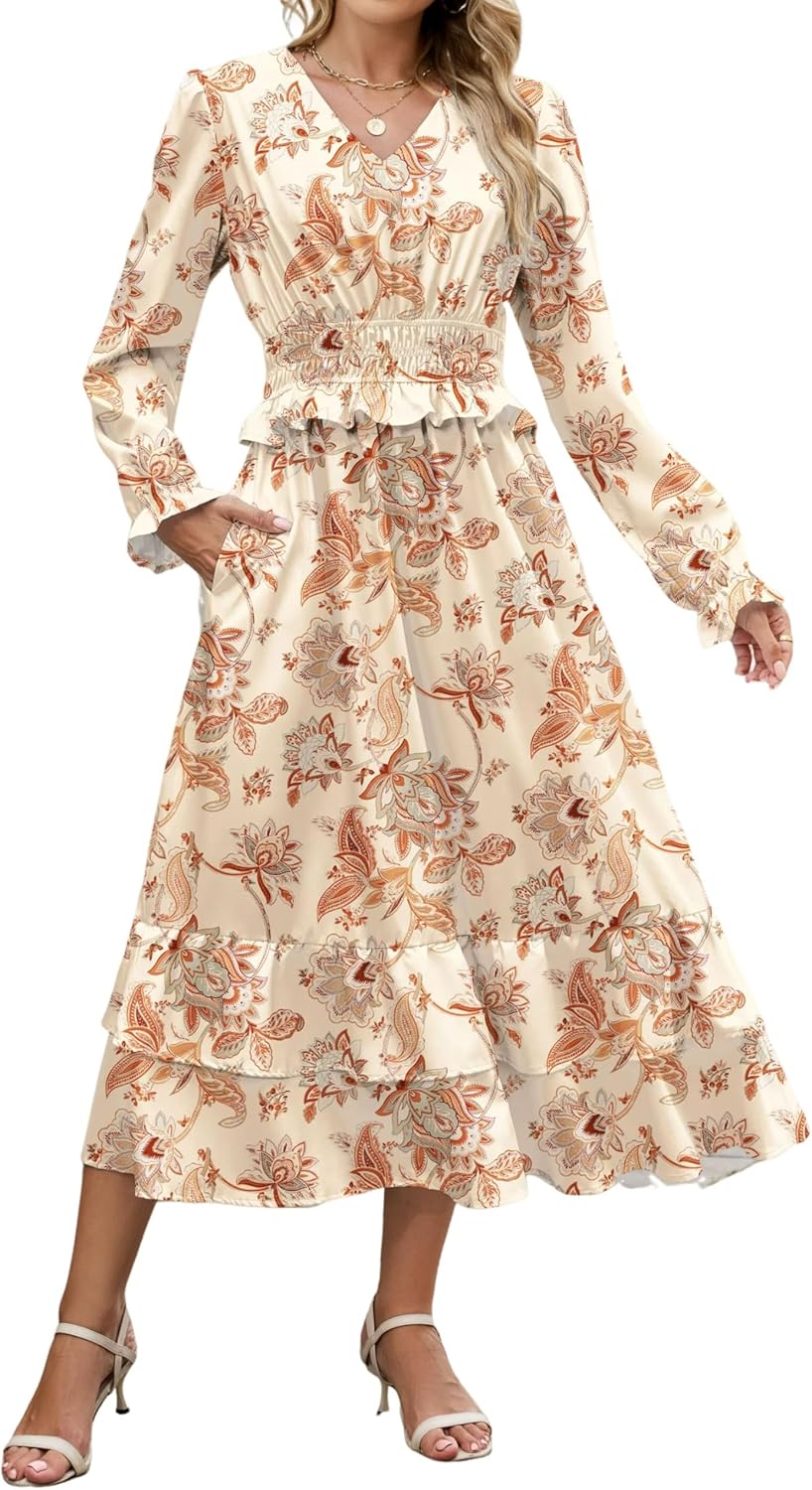 ZAFUL Womens Fall 2025 Casual Floral Maxi Dress Puff Long Sleeve V Neck Smocked Elastic Waist Flowy A line Dress Pockets