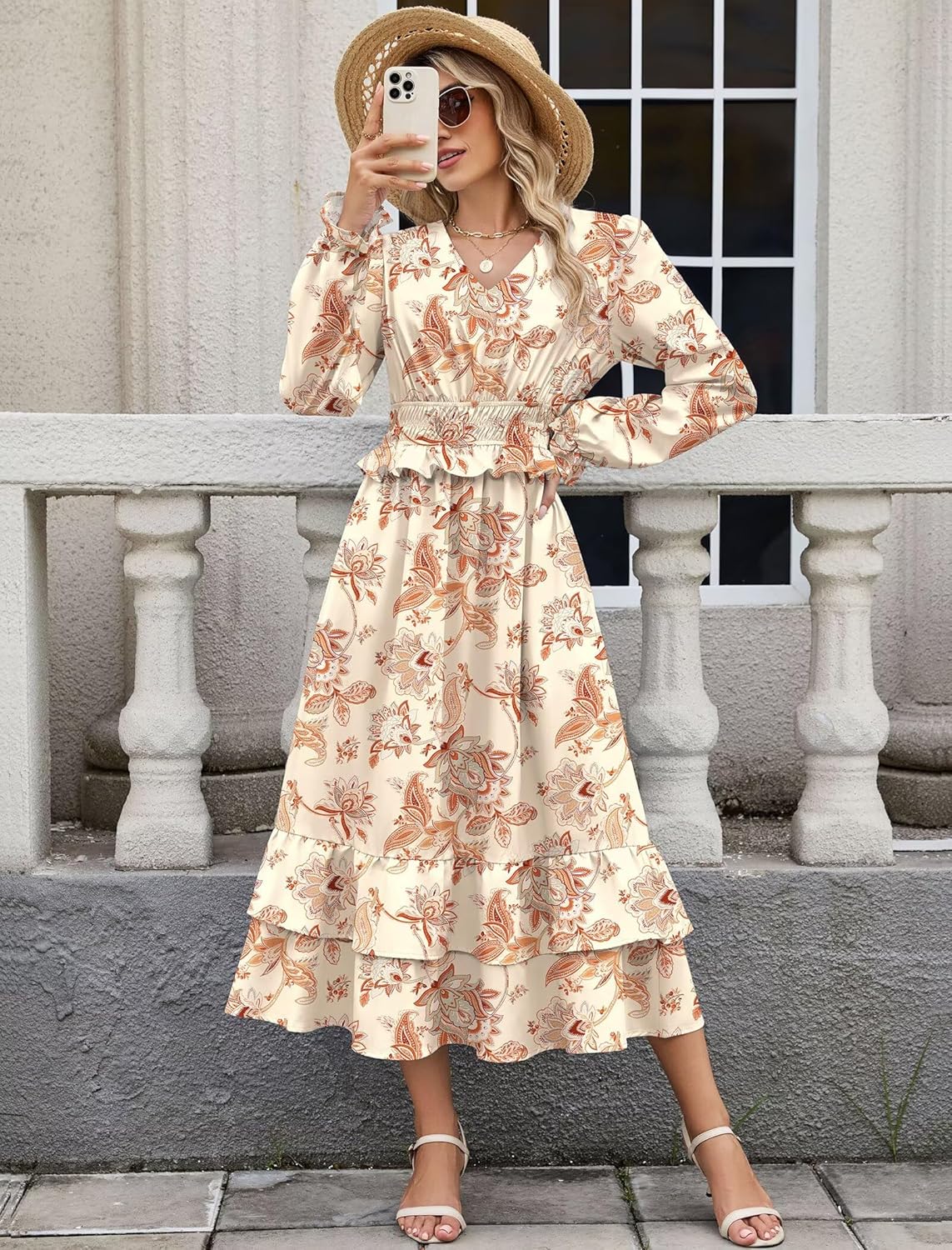 ZAFUL Womens Fall 2025 Casual Floral Maxi Dress Puff Long Sleeve V Neck Smocked Elastic Waist Flowy A line Dress Pockets