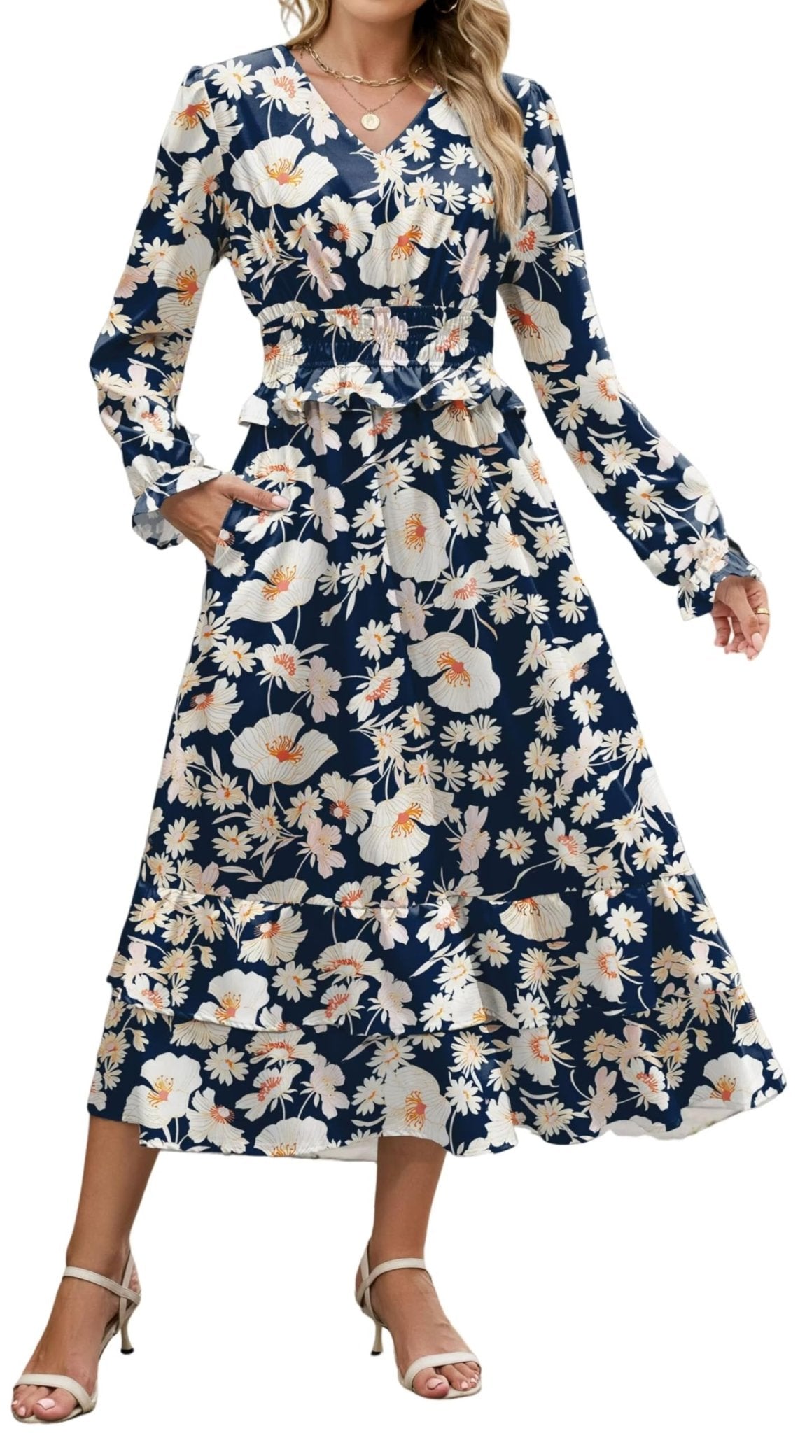 ZAFUL Womens Fall 2025 Casual Floral Maxi Dress Puff Long Sleeve V Neck Smocked Elastic Waist Flowy A line Dress Pockets