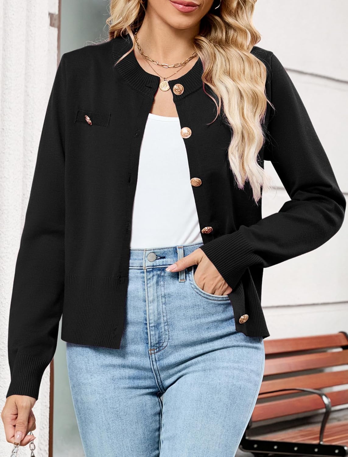 ZAFUL Womens Fall Button Up Cardigan 2025 Lightweight Crew Neck Open Front Long Sleeve Knit Sweater Blazers
