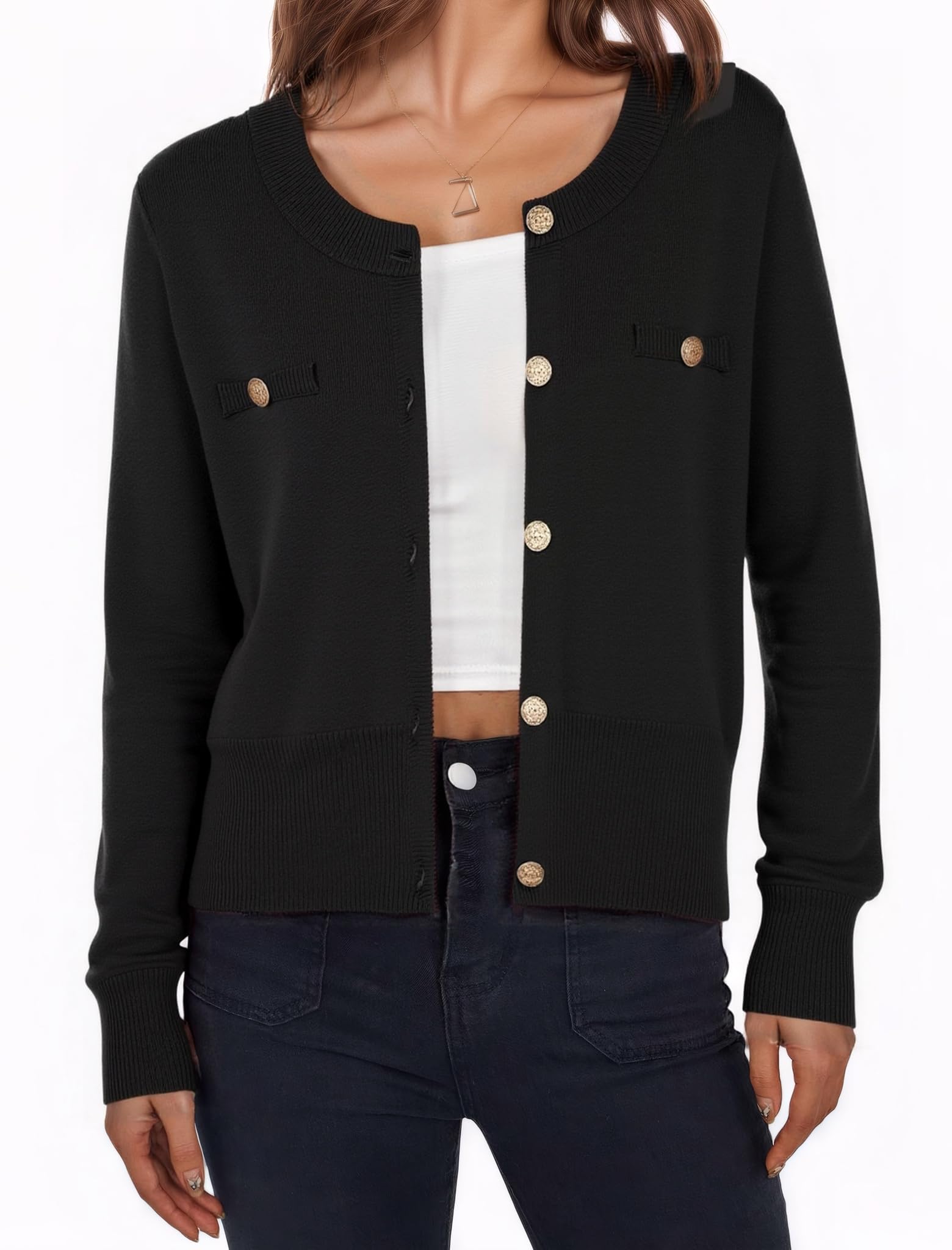 ZAFUL Womens Fall Button Up Cardigan 2025 Lightweight Crew Neck Open Front Long Sleeve Knit Sweater Blazers