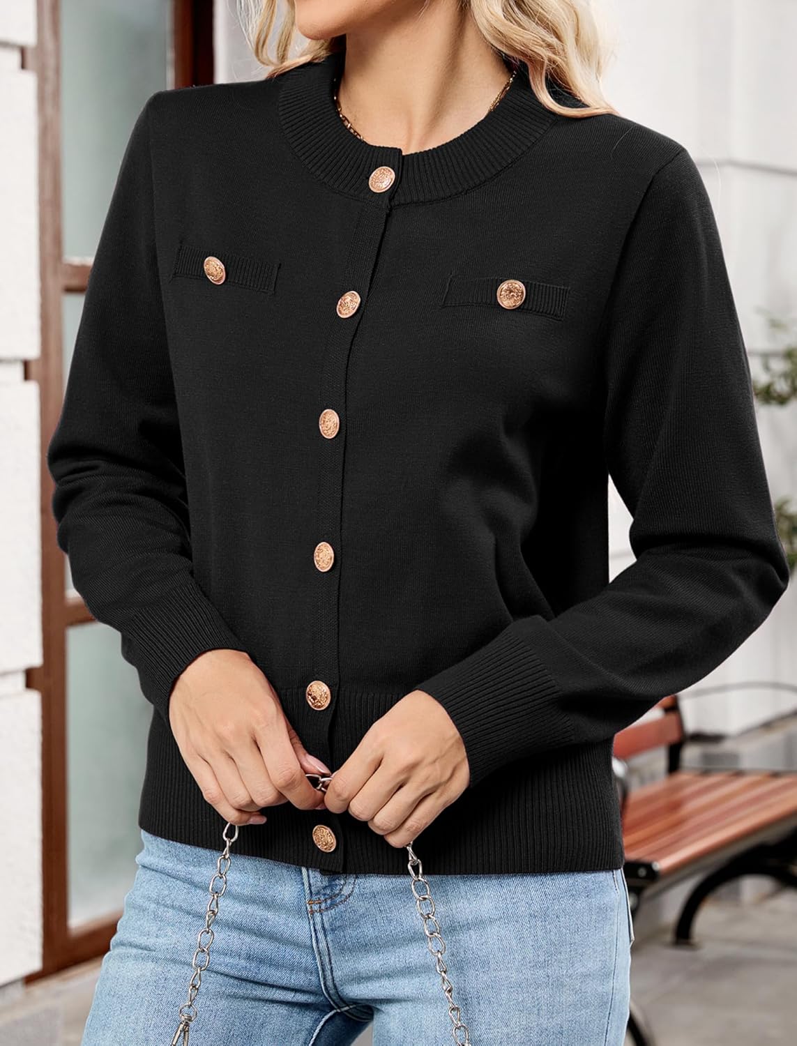 ZAFUL Womens Fall Button Up Cardigan 2025 Lightweight Crew Neck Open Front Long Sleeve Knit Sweater Blazers