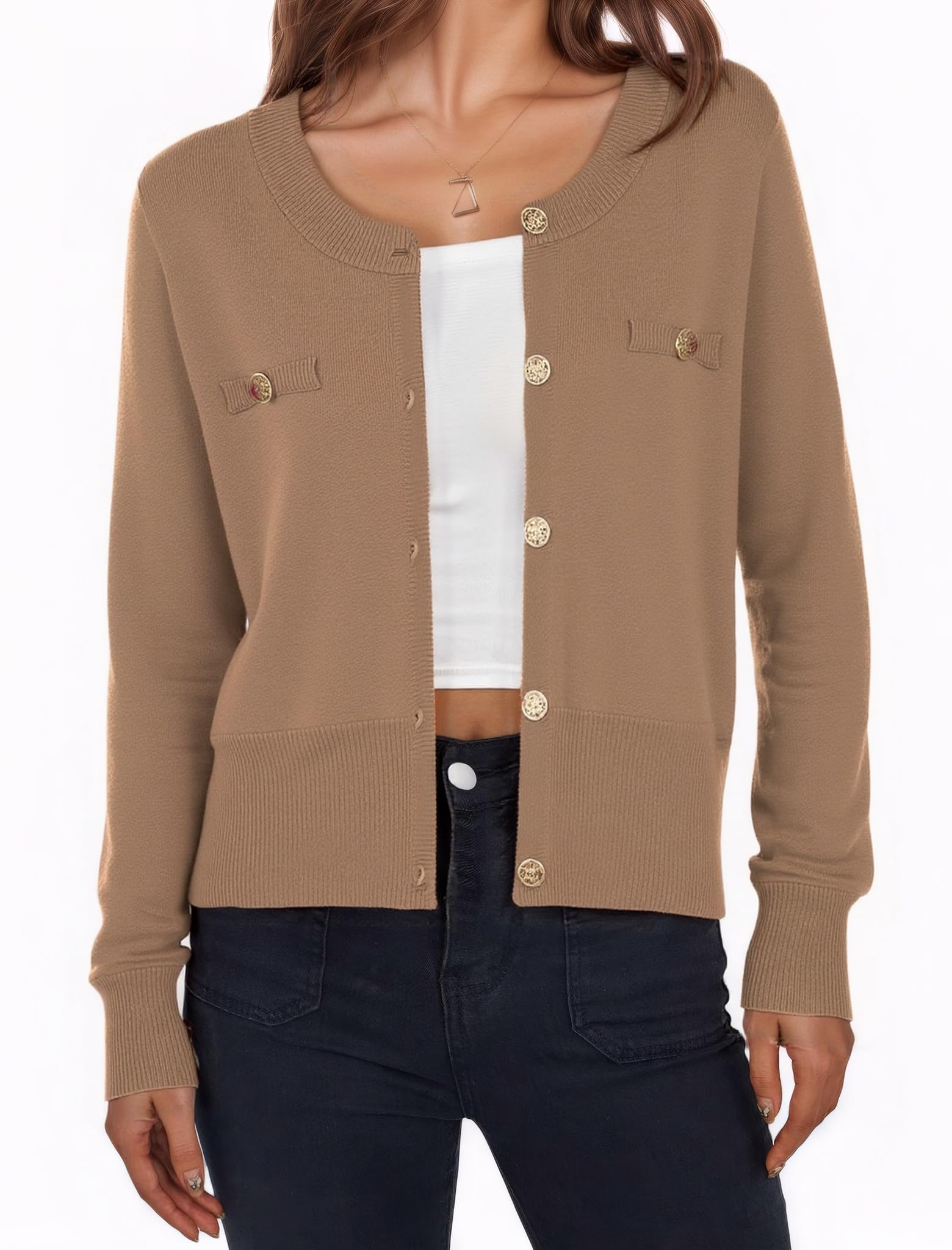 ZAFUL Womens Fall Button Up Cardigan 2025 Lightweight Crew Neck Open Front Long Sleeve Knit Sweater Blazers