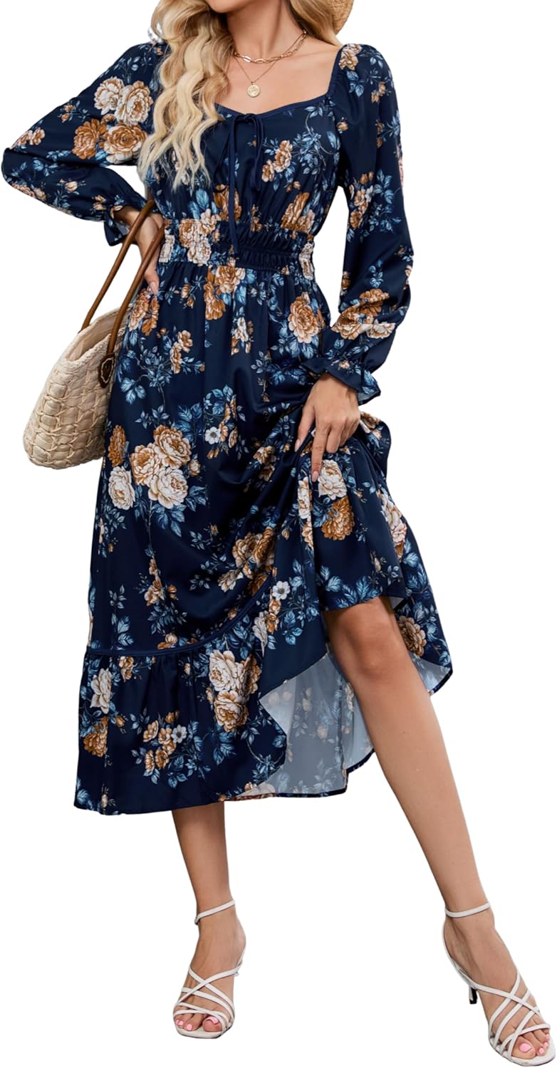 ZAFUL Womens Fall Floral Midi Dress Casual Square Neck Ruffle Long Sleeve Smocked Boho Flowy A Line Long Wedding Guest Dresses Navy Blue X-Large